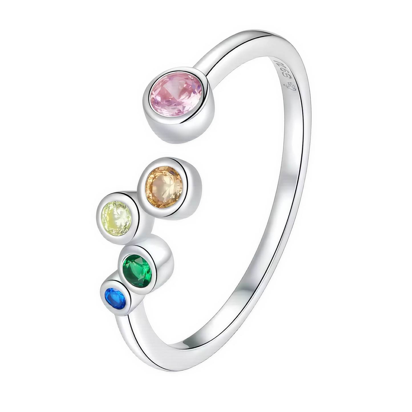 Rayonnez de couleurs avec cette bague arc-en-ciel contemporaine en argent 925 ! Son design ouvert et ajustable s’habille de cinq pierres scintillantes aux teintes variées : rose, orange, jaune, vert et bleu, pour un éclat moderne et joyeux. Cette création minimaliste et lumineuse s’adapte à tous les doigts pour offrir une touche pétillante et positive à toutes vos tenues : à porter seule ou à combiner !