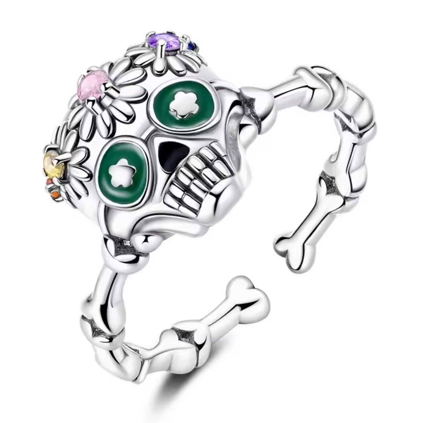 Affirmez votre style avec cette bague en argent 925 inspirée de l’univers festif du Día de los Muertos. Son design de tête de mort finement travaillé, décoré de motifs colorés et floraux, en fait un bijou original et plein de caractère. Parfait pour celles et ceux qui aiment les accessoires audacieux et symboliques.