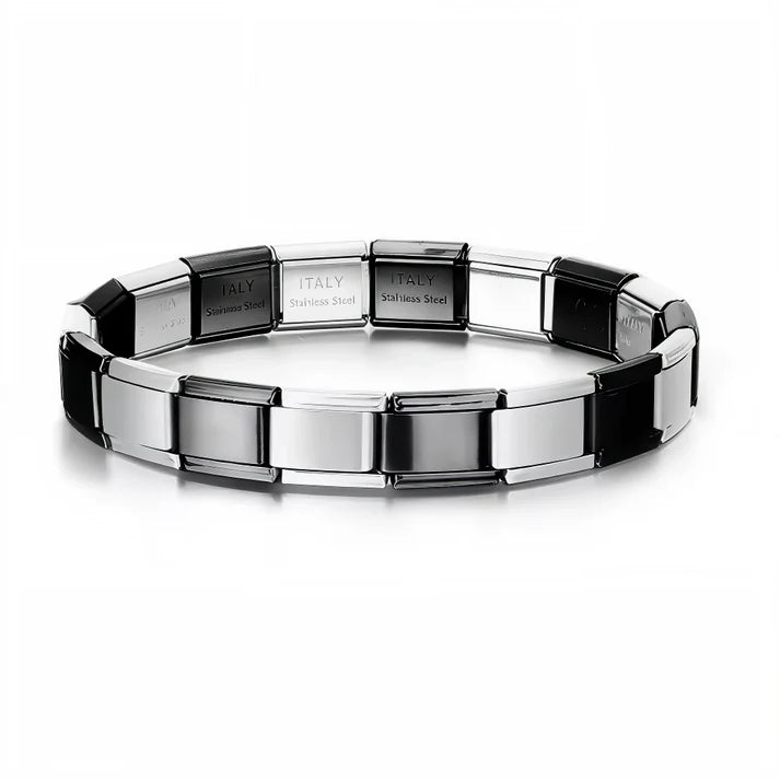 Ce bracelet à charms italien bicolore, composé de 17 maillons en alternance argent et noir (1 sur 2), est fabriqué en acier inoxydable de haute qualité, alliant confort, robustesse et élégance. Entièrement réglable, il s’adapte à toutes les tailles de poignet grâce à son système extensible et ajustable. Personnalisable à souhait, vous pouvez ajouter ou retirer des charms pour créer un bijou unique. Le contraste subtil entre l’argent éclatant et le noir profond apporte une touche de modernité et de caractère