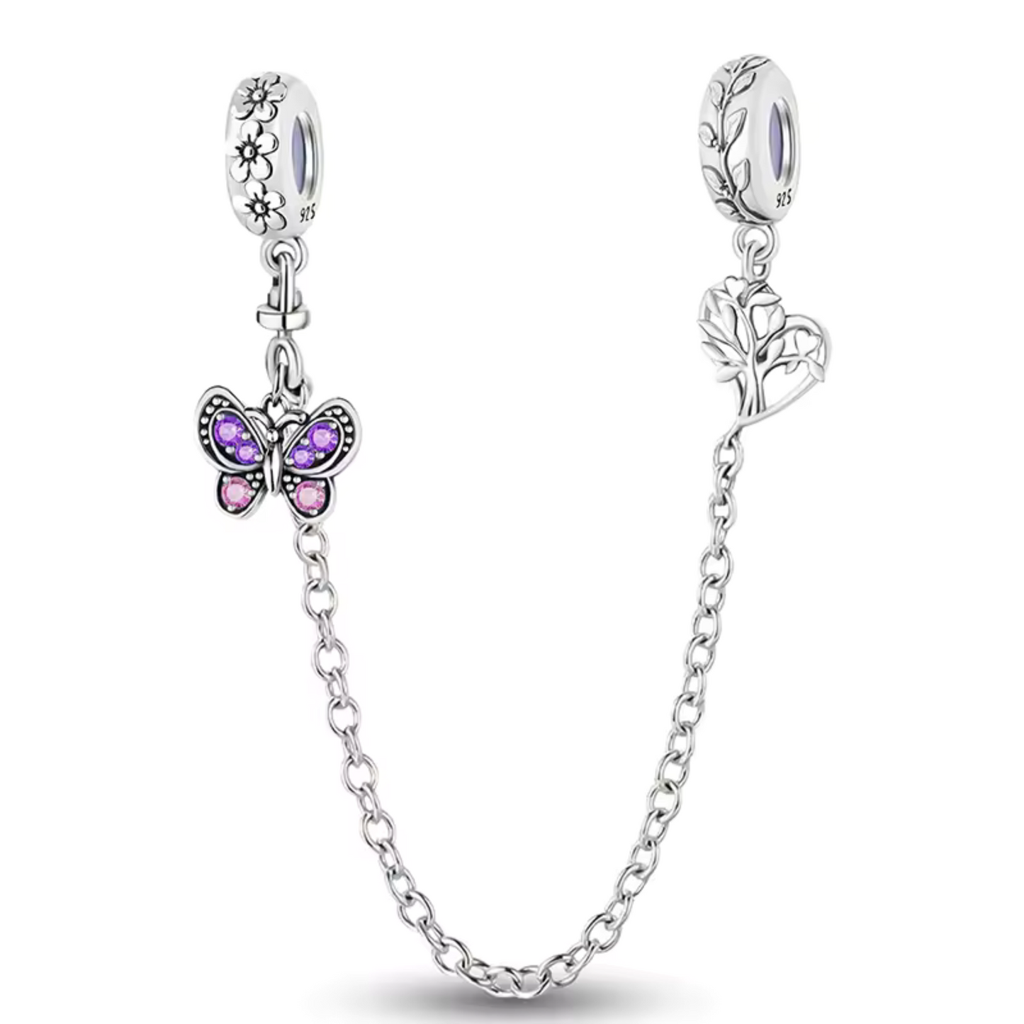 Ajoutez une touche de beauté naturelle et de transformation à votre bracelet avec cette magnifique chaîne de sécurité ornée d’un papillon violet et d’un arbre. Fabriquée en argent 925, cette chaîne combine la délicatesse d’un papillon aux ailes violettes et la force d’un arbre majestueux, symbolisant la liberté, la croissance et l’harmonie avec la nature.
En plus d’ajouter une touche poétique et pleine de sens à votre bijou, cette chaîne de sécurité protège votre bracelet en empêchant les ouvertures accide