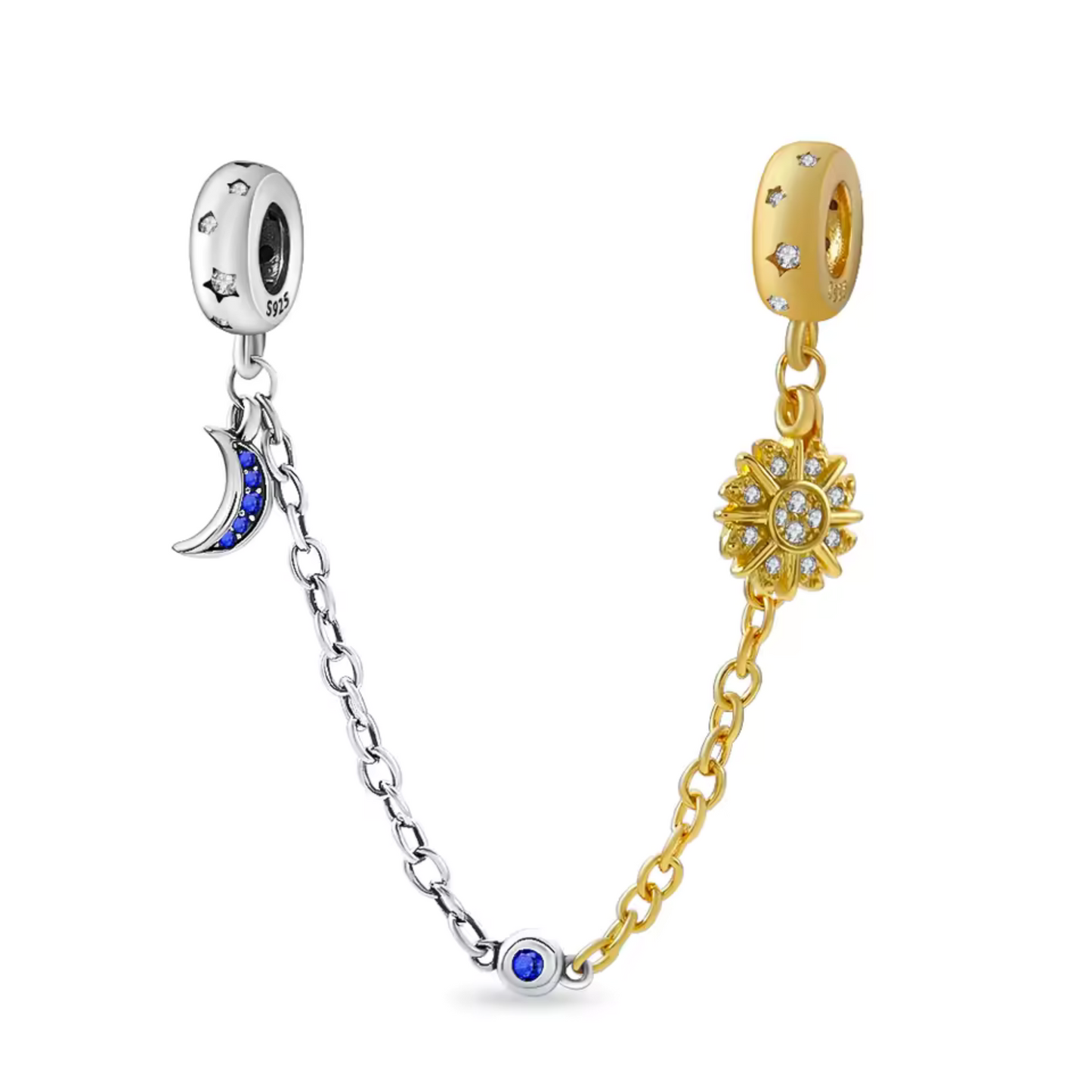 Apportez une touche céleste et équilibrée à votre bracelet avec cette magnifique chaîne de sécurité ornée du soleil et de la lune. Fabriquée en argent 925 et dorée avec soin, cette chaîne met en valeur un soleil radieux et une lune élégante, représentant l'harmonie entre le jour et la nuit, la lumière et l'obscurité. Le contraste entre le doré et l'argenté crée une beauté lumineuse et intemporelle.
En plus d’ajouter une touche mystique et pleine de symbolisme à votre bijou, cette chaîne de sécurité protège