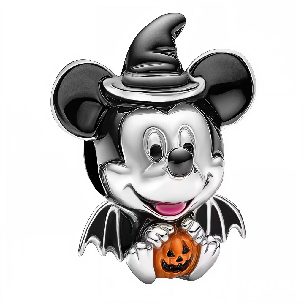 Plongez dans l’esprit d’Halloween avec ce charm unique représentant bébé Mickey assis, portant un chapeau de sorcier noir et de petites ailes noires. Devant lui, une citrouille orange éclatante ajoute une touche de couleur festive à ce bijou réalisé en Argent 925 (S925) avec une finition noir et argent. Parfait pour apporter une ambiance mystérieuse et adorable à votre collection pendant la saison des sorcières.