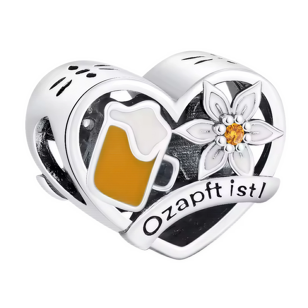 Ce charm festif célèbre la tradition de l’Oktoberfest avec un cœur argenté ajouré, décoré d’une chope de bière dorée et d’une fleur d’edelweiss sertie. La bannière “O’zapft is!” (littéralement “C’est tiré !” en bavarois) rappelle l’ouverture du premier fût lors des célèbres fêtes de la bière. Parfait pour les amoureux de l’Allemagne, des traditions bavaroises et de la convivialité, ce bijou trouvera sa place sur tous les bracelets à charms européens.
Caractéristiques
Matière : Argent 925, émail coloré, cri
