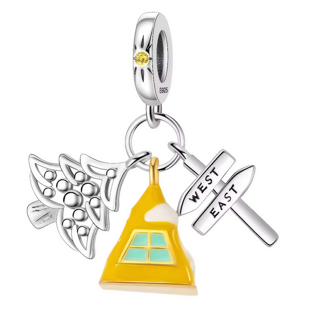 Ce charm à trois pendentifs évoque le grand air et l’aventure, avec une cabane jaune émaillée ornée de neige, un arbre stylisé en argent et un panneau direction indiquant “West / East”. Sa bélière est sertie d’un cristal jaune et décorée d’étoiles gravées, rappelant l’esprit de l’exploration et des promenades en forêt. Idéal pour les amoureux de nature, d’évasion ou d’insolite, il apporte une touche originale et douce à tout bracelet à charms européen.
Caractéristiques
Matière : Argent 925, émail coloré, c