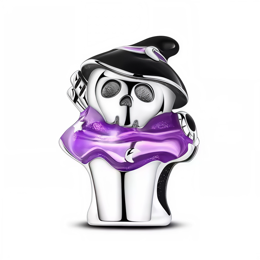 Ajoutez une note gourmande et ensorcelante à vos bijoux avec ce charm cupcake squelette sorcier au style inimitable ! Ce bijou en argent 925 met en scène un cupcake au glaçage violet parsemé d’étoiles et de lunes, surmonté d’un chapeau pointu noir de sorcier et d’un visage de crâne expressif. Chaque détail d’émail brillant rend ce charm aussi mystérieux que délicieux, parfait pour sublimer vos bracelets lors des fêtes d’Halloween ou exprimer votre passion pour les créations originales et décalées.