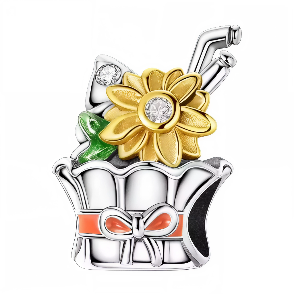 Ce charm lumineux évoque la joie du printemps et l’amour des fleurs avec un joli panier argenté décoré d’un ruban orange, garni d’un grand tournesol doré au cœur de cristal scintillant et d’une feuille verte émaillée. Les finitions soignées et les détails brillants rappellent les bouquets de saison et les petits bonheurs de la nature. Idéal pour offrir porte-bonheur, douceur et énergie ou égayer un bracelet à thème floral, porte-bonheur ou champêtre.
Caractéristiques
Matière : Argent 925, plaquage or, émai