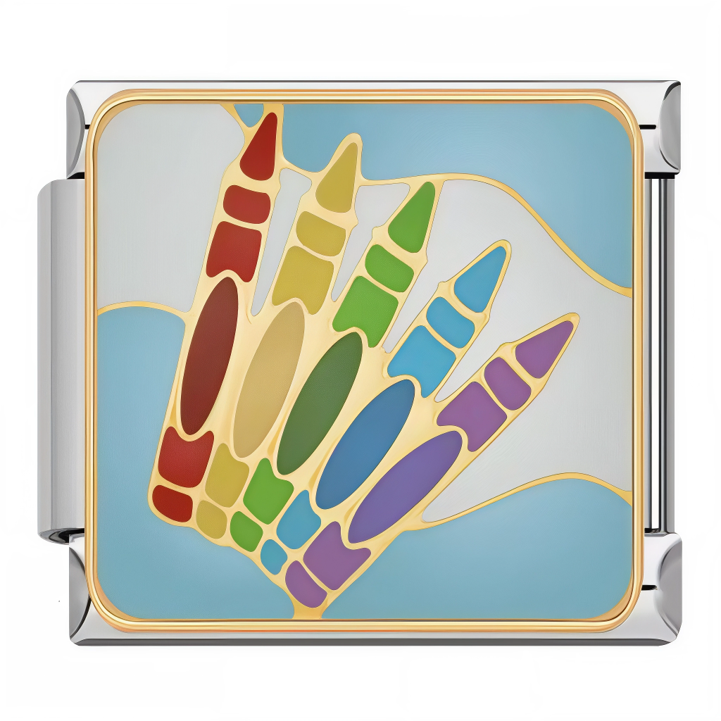 Ce charm italien en acier inoxydable argenté met en scène une rangée de crayons colorés – rouge, jaune, vert, bleu et violet – clin d’œil joyeux et symbolique au monde de l’école et de la créativité. Idéal pour représenter l’univers éducatif ou artistique, ce bijou apporte une touche vive et pleine de sens à votre bracelet. Son design ludique et coloré en fait un choix parfait pour les enseignants, les éducateurs ou les amoureux de la couleur. Facile à fixer, il s’adapte à tous nos bracelets italiens compos
