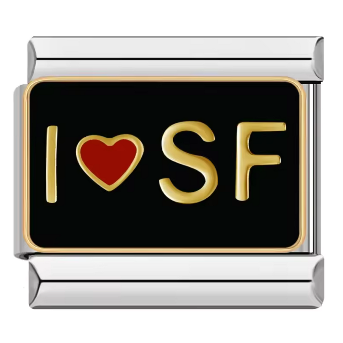 Ce charm italien en acier inoxydable argenté arbore l’inscription "I ❤️ SF" sur un fond noir élégant, symbole d’attachement à la ville de San Francisco. Conçu avec soin, il allie robustesse et design moderne pour un rendu chic et dynamique. Facile à fixer, il s’adapte parfaitement à nos bracelets composés de 17 maillons extensibles et réglables, convenant à toutes les tailles de poignet. Compatible avec tous nos charms italiens, ce bijou est parfait pour personnaliser votre bracelet avec une touche urbaine