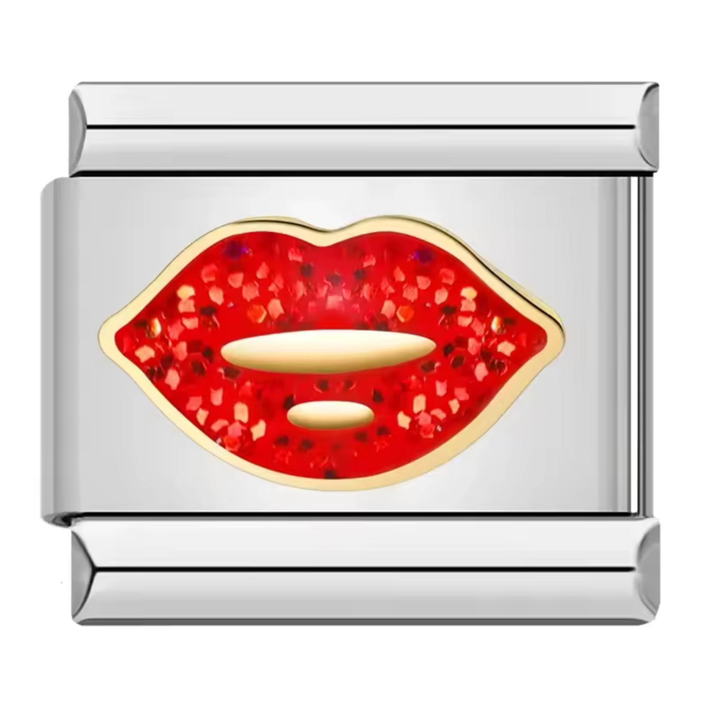 Ce charm italien en acier inoxydable argenté est orné de lèvres rouges scintillantes grâce à des paillettes délicates, apportant une touche glamour et audacieuse à votre bracelet. Son design brillant et raffiné en fait un bijou parfait pour celles qui aiment affirmer leur style. Facile à fixer, il s’adapte parfaitement à nos bracelets composés de 17 maillons extensibles et réglables, convenant à toutes les tailles de poignet. Compatible avec tous nos charms italiens,