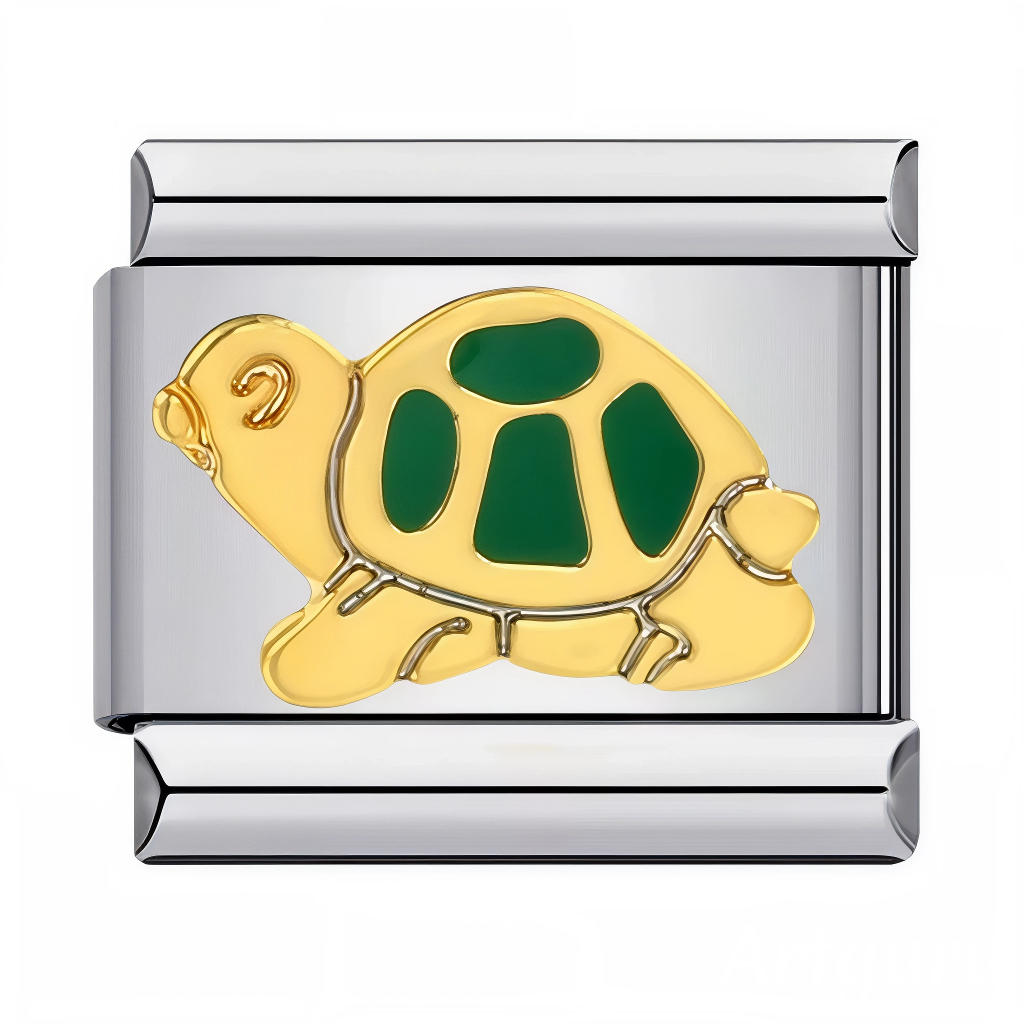 Ce charm italien en acier inoxydable argenté représente une tortue délicate avec une carapace verte ornée de doré, alliant élégance et fraîcheur. Ses détails précis apportent une touche naturelle et raffinée à votre bracelet. Facile à fixer, il s’adapte parfaitement à nos bracelets composés de 17 maillons extensibles et réglables, convenant à toutes les tailles de poignet. Compatible avec tous nos charms italiens, ce bijou est idéal pour personnaliser votre bracelet avec un symbole de chance et de sérénité.