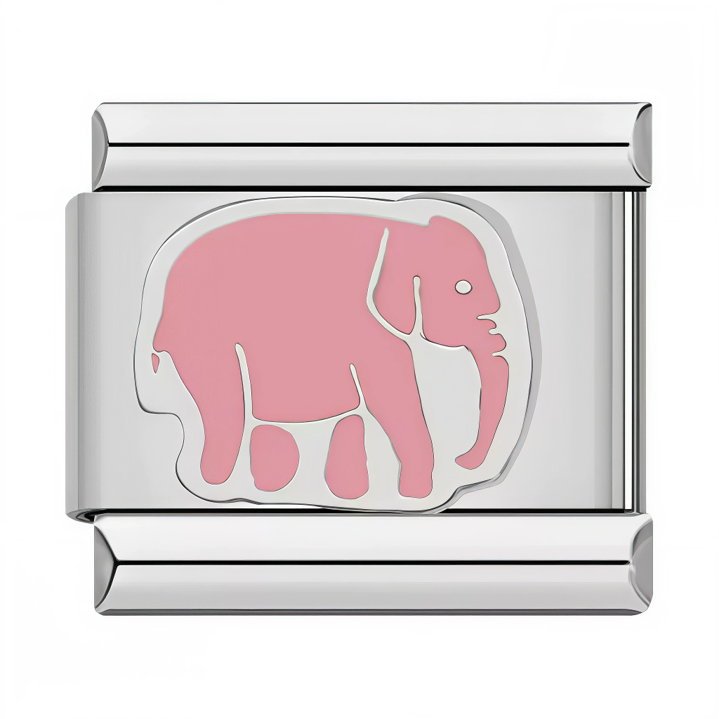 Ce charm italien en acier inoxydable argenté met en scène un adorable éléphant rose, symbole de douceur et de chance. Avec ses détails soignés et sa touche de couleur vive, il apporte une note joyeuse et originale à votre bracelet. Facile à fixer, il s’adapte parfaitement à nos bracelets composés de 17 maillons extensibles et réglables, convenant à toutes les tailles de poignet. Compatible avec tous nos charms italiens, ce bijou est idéal pour personnaliser votre bracelet avec une touche tendre et porte-bon