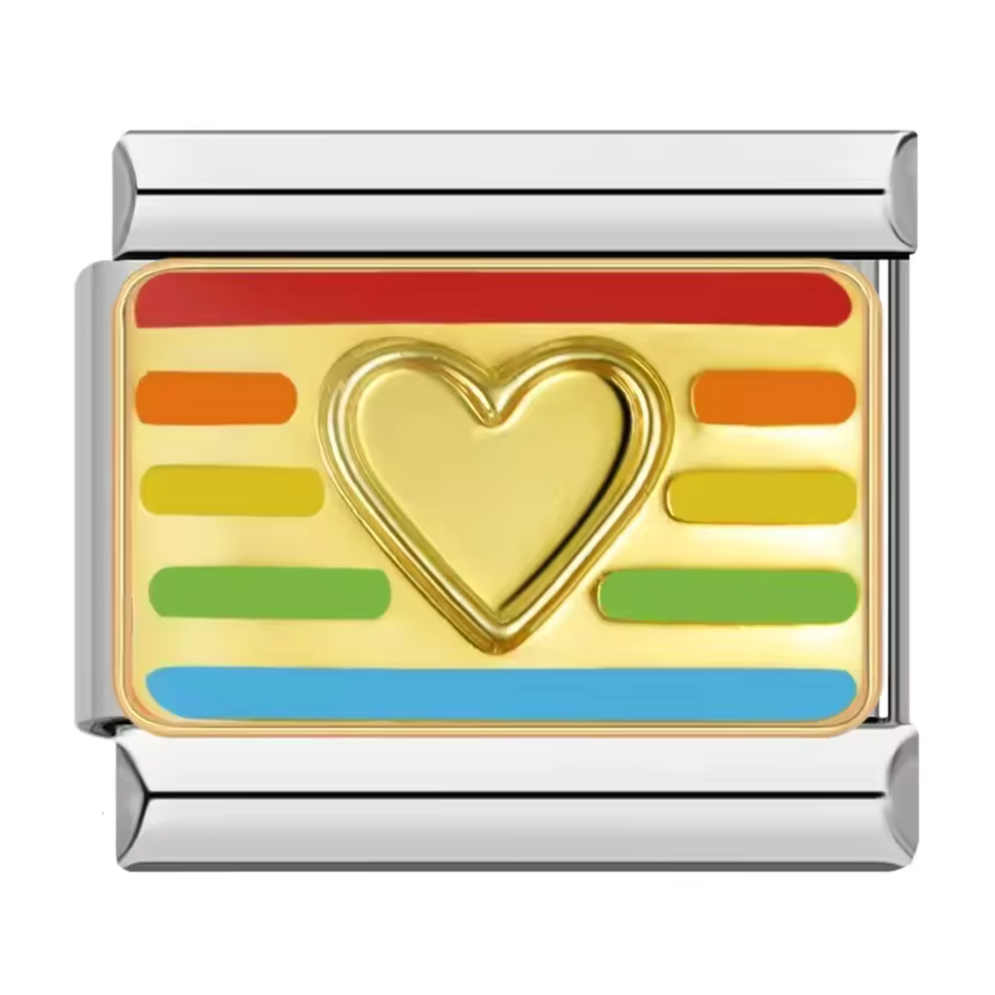 Ce charm italien met en avant le drapeau LGBTQ+ aux couleurs vibrantes, entouré d’un élégant cœur doré, symbole d’amour et de fierté. Fabriqué en acier inoxydable de haute qualité, il allie robustesse et détails colorés pour un rendu moderne et engagé. Facile à fixer, il s’adapte parfaitement à nos bracelets composés de 17 maillons extensibles et réglables, convenant à toutes les tailles de poignet. Compatible avec tous nos charms italiens