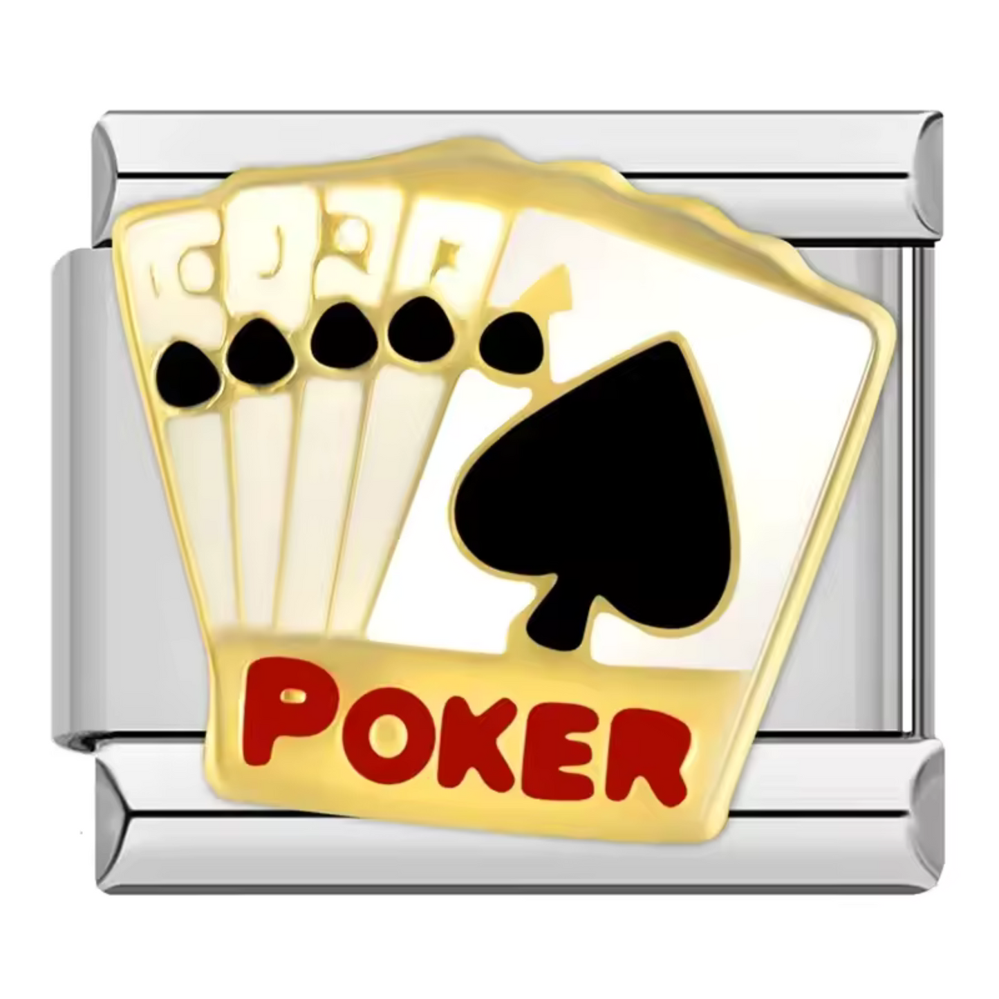 Ce charm italien représentant un jeu de cartes Poker sur fond argenté est fabriqué en acier inoxydable de haute qualité, alliant solidité et élégance. Il s’adapte facilement à nos bracelets composés de 17 maillons de charms, qui s’étendent et se resserrent pour épouser parfaitement la taille de votre poignet. Tous nos charms italiens sont entièrement compatibles, vous offrant la liberté de personnaliser votre bracelet en ajoutant ou retirant des liens selon vos envies.
