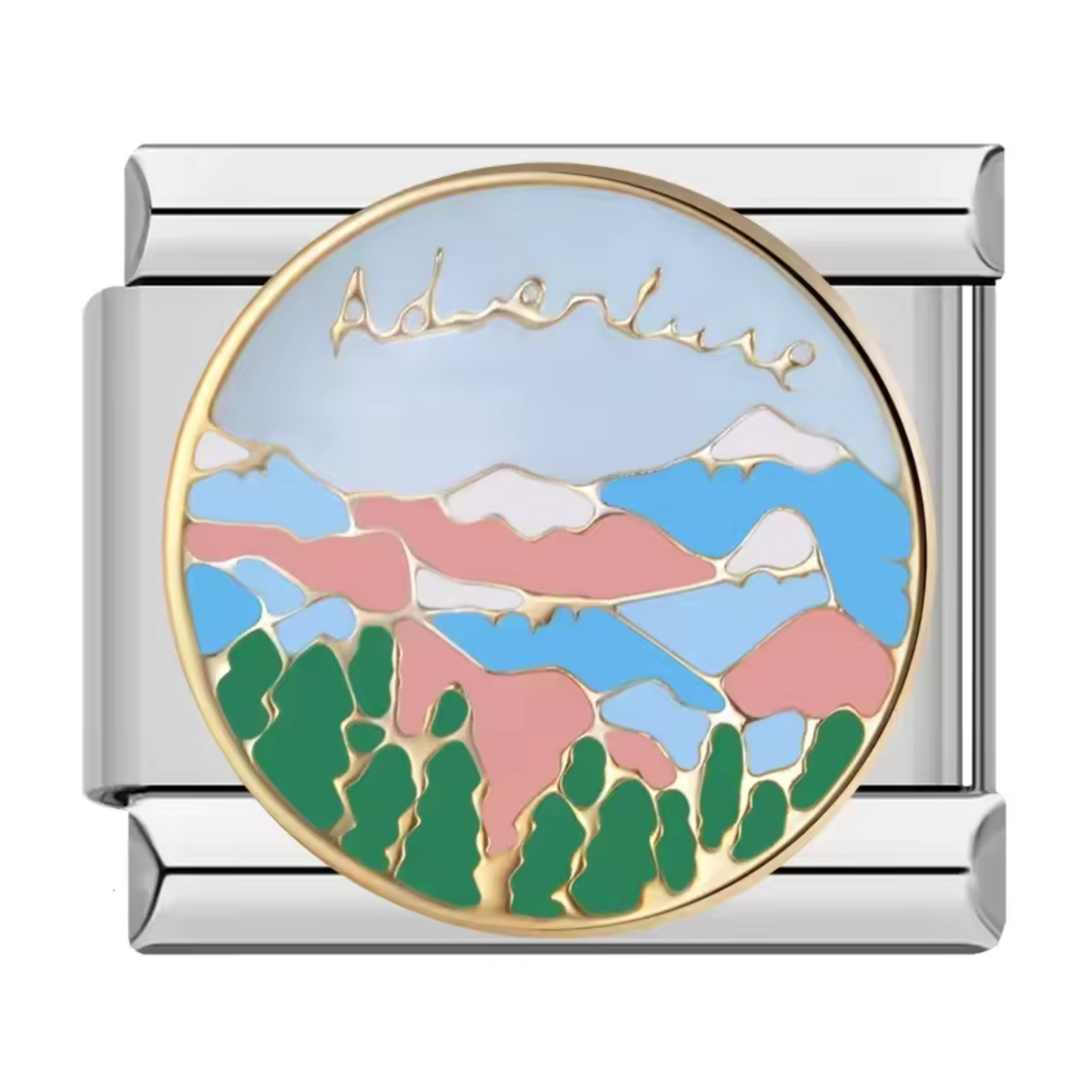 Ce charm italien argenté représente de majestueuses montagnes accompagnées de l’inscription “Aventure”, symbole d’évasion et de passion pour la nature. Fabriqué en acier inoxydable de haute qualité, il allie robustesse et détails soignés pour un rendu élégant et inspirant. Facile à fixer, il s’adapte parfaitement à nos bracelets composés de 17 maillons extensibles et réglables, convenant à toutes les tailles de poignet. Compatible avec tous nos charms italiens