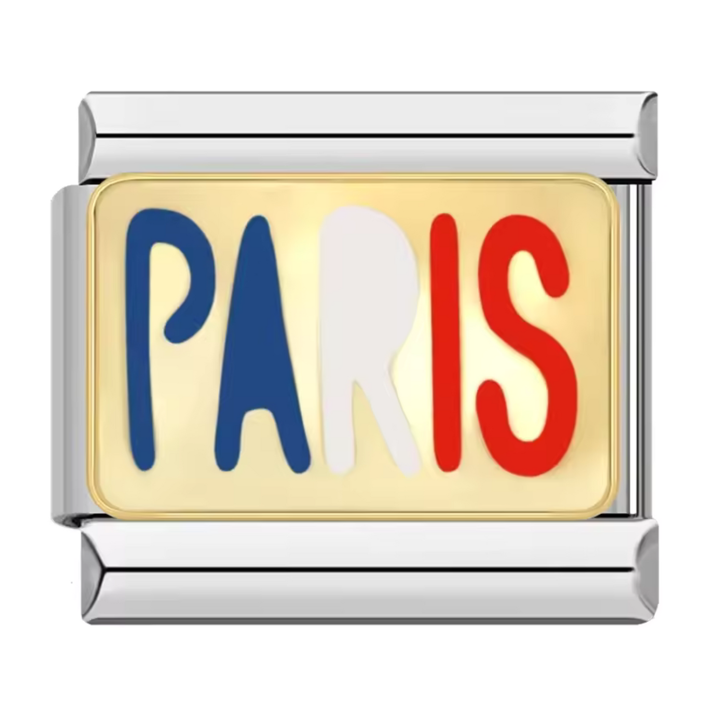 Ce charm italien argenté met en avant l’inscription “PARIS” aux couleurs bleu, blanc et rouge, sur un élégant fond doré. Symbole de romantisme et d’élégance française, il est fabriqué en acier inoxydable de haute qualité pour allier robustesse et finitions raffinées. Facile à fixer, il s’adapte parfaitement à nos bracelets composés de 17 maillons extensibles et réglables, convenant à toutes les tailles de poignet. Compatible avec tous nos charms italiens, ce bijou est idéal pour personnaliser votre bracelet