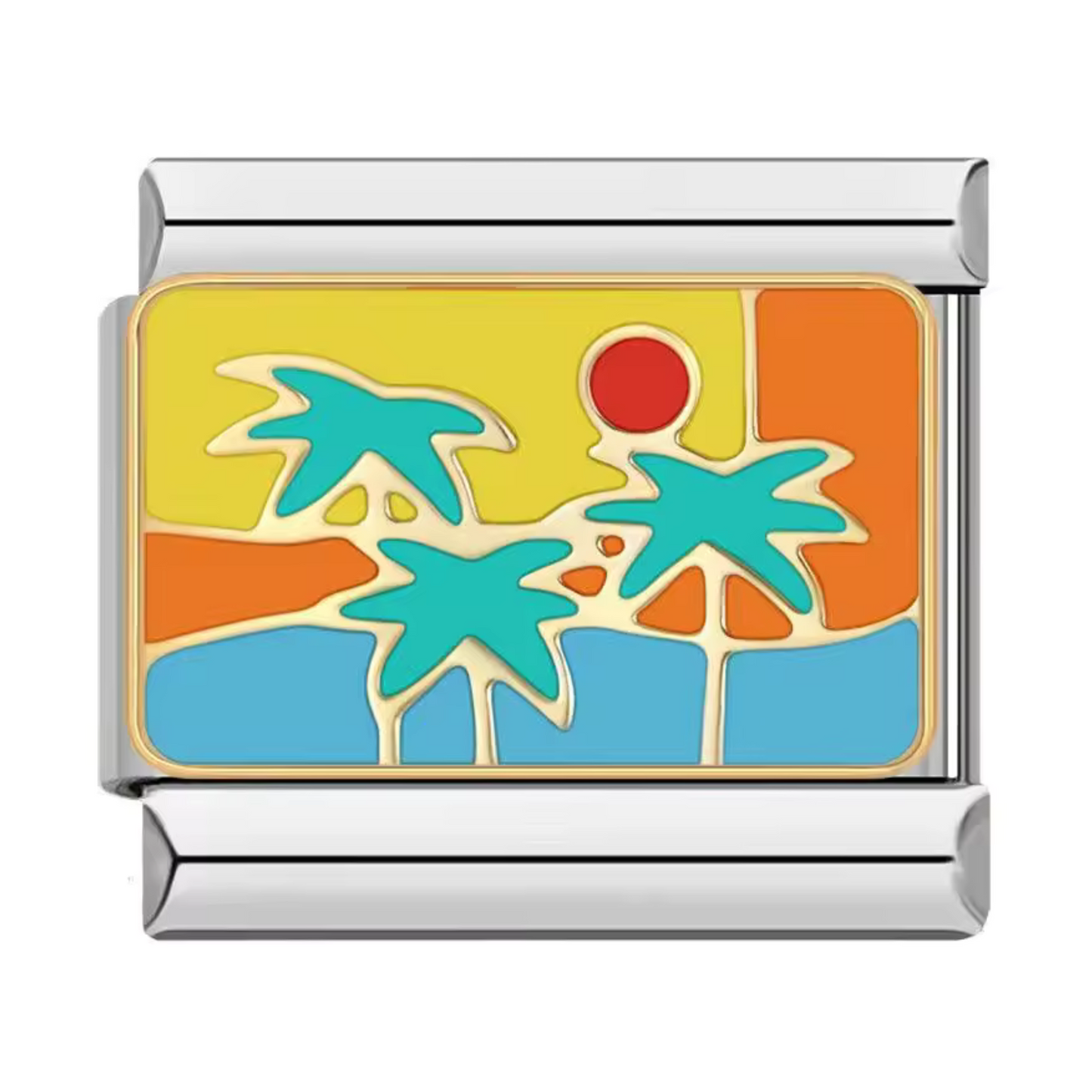 Ce charm italien représente un palmier élégant avec l’inscription “A Sunny Beach”, symbole de détente et d’escapade tropicale. Fabriqué en acier inoxydable de haute qualité, il combine robustesse et détails soignés pour un rendu estival et raffiné. Facile à fixer, il s’adapte parfaitement à nos bracelets composés de 17 maillons extensibles et réglables, convenant à toutes les tailles de poignet. Compatible avec tous nos charms italiens, ce bijou ensoleillé est idéal pour personnaliser votre bracelet avec un