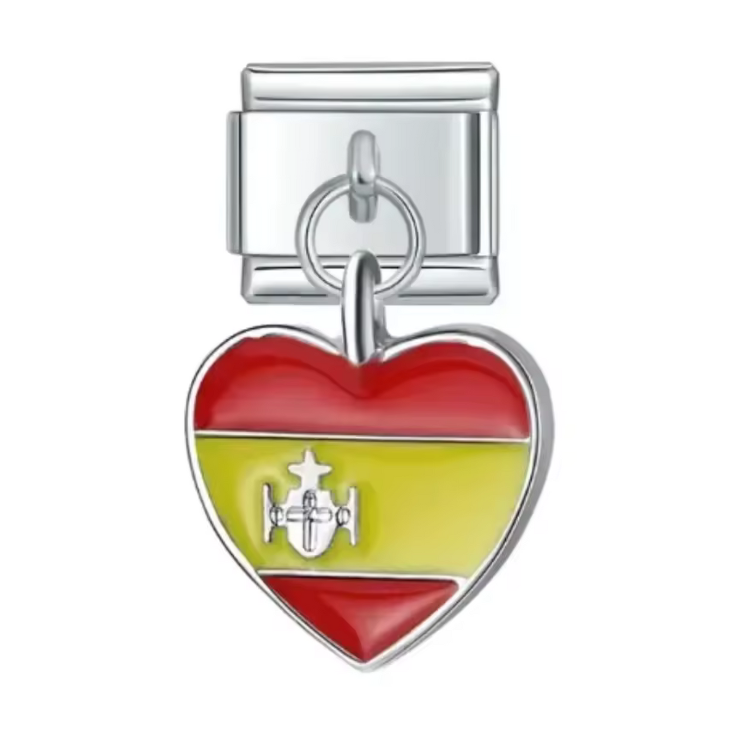 Ce charm italien pendentif en forme de cœur arbore les couleurs vibrantes du drapeau espagnol, symbole de passion et de fierté nationale. Fabriqué en acier inoxydable de haute qualité, il allie robustesse et détails colorés pour un rendu élégant et chaleureux. Facile à fixer, il s’adapte parfaitement à nos bracelets composés de 17 maillons extensibles et réglables, convenant à toutes les tailles de poignet. Compatible avec tous nos charms italiens