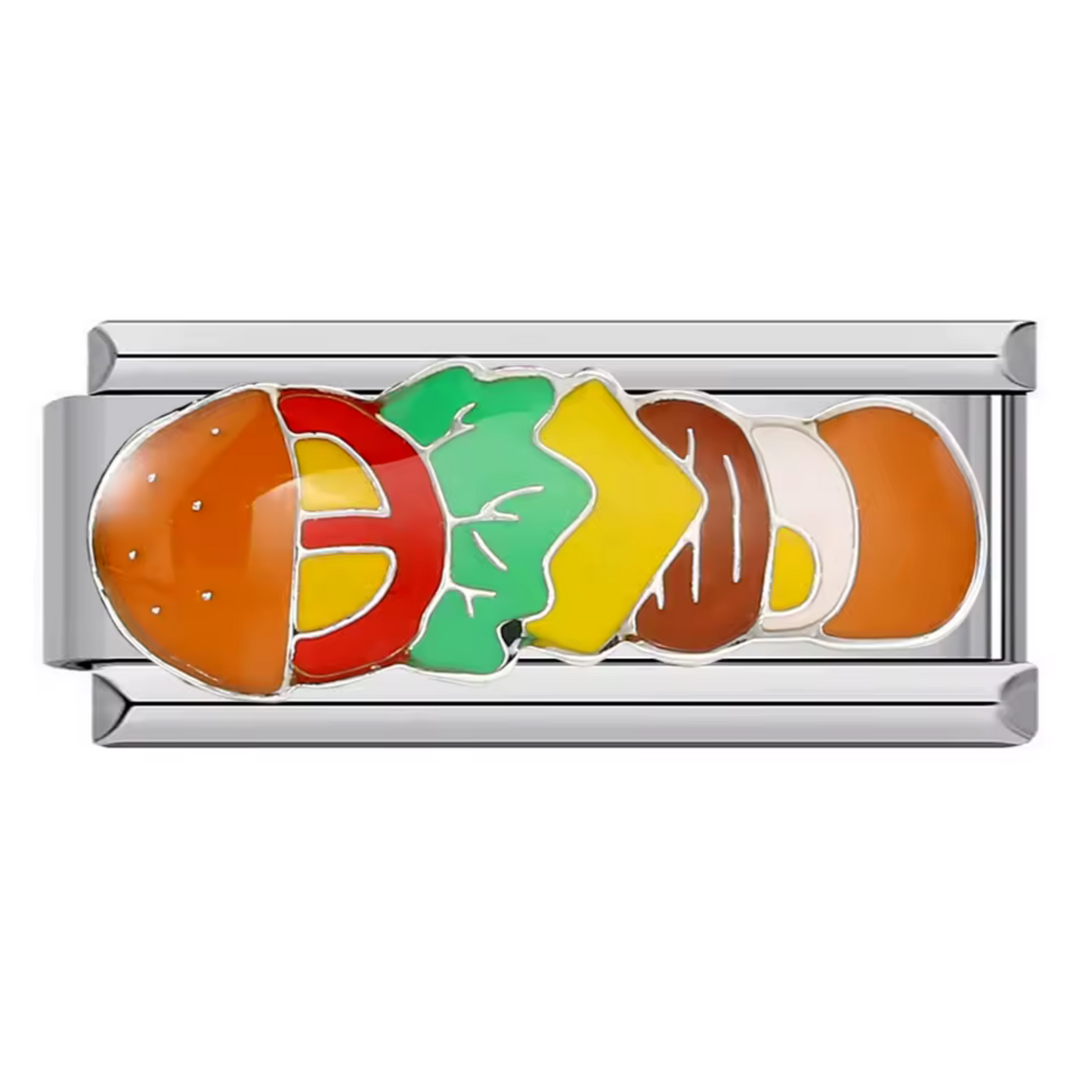 Ce charm italien gourmand représente un long burger finement détaillé, symbole de plaisir généreux et de convivialité. Confectionné en acier inoxydable argenté de haute qualité, il séduit par ses finitions précises et son éclat durable. Facile à fixer, il s’adapte parfaitement à nos bracelets composés de 17 maillons extensibles et réglables, adaptés à tous les poignets. Compatible avec tous nos charms italiens, ce bijou original apporte une touche fun et gourmande à votre collection.