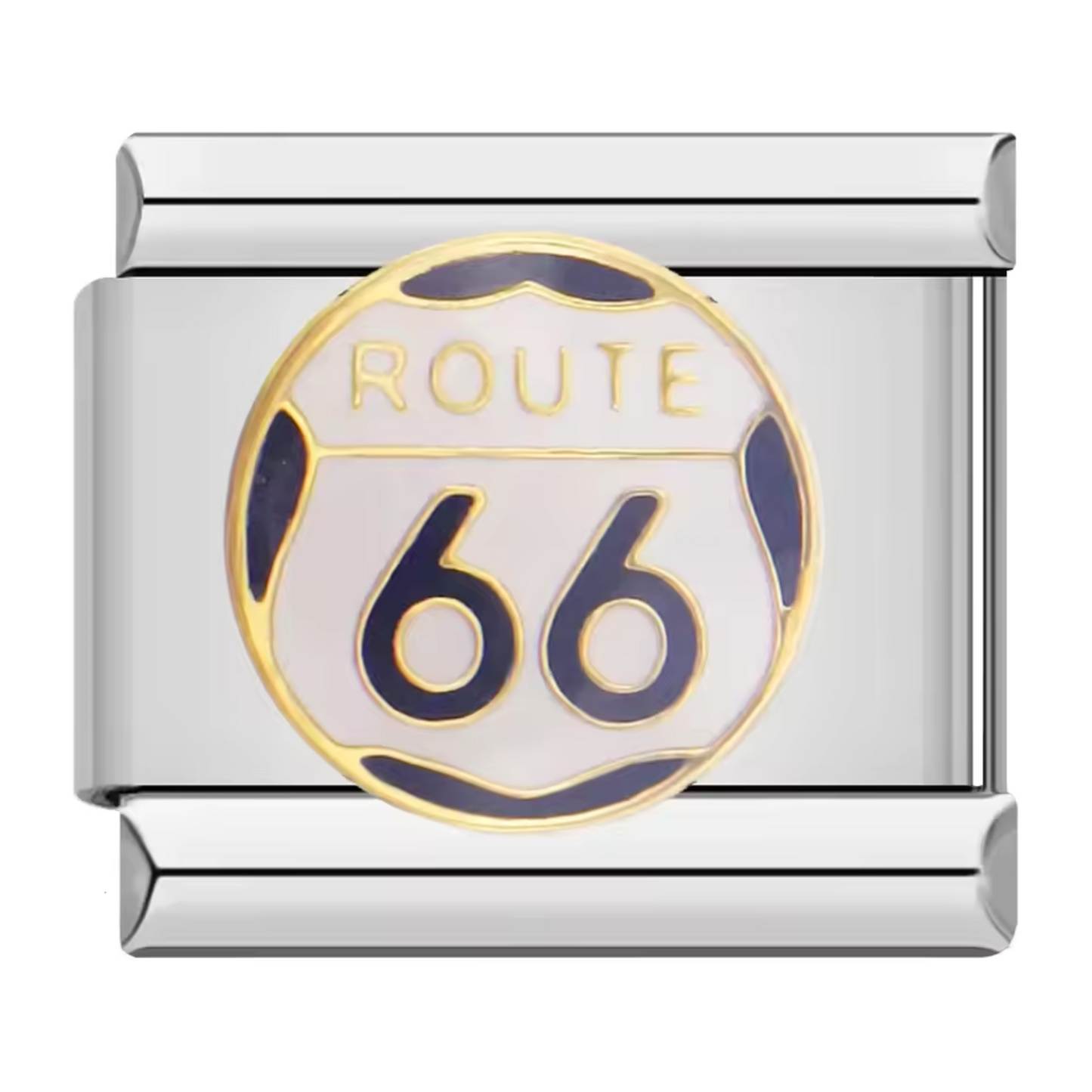 Ce charm italien représente le célèbre panneau “Route 66”, symbole d’aventure et de liberté sur les routes mythiques des États-Unis. Fabriqué en acier inoxydable de haute qualité, il allie robustesse et détails précis pour un rendu rétro et emblématique. Facile à fixer, il s’adapte parfaitement à nos bracelets composés de 17 maillons extensibles et réglables, convenant à toutes les tailles de poignet. Compatible avec tous nos charms italiens, ce bijou est idéal pour personnaliser votre bracelet avec une tou