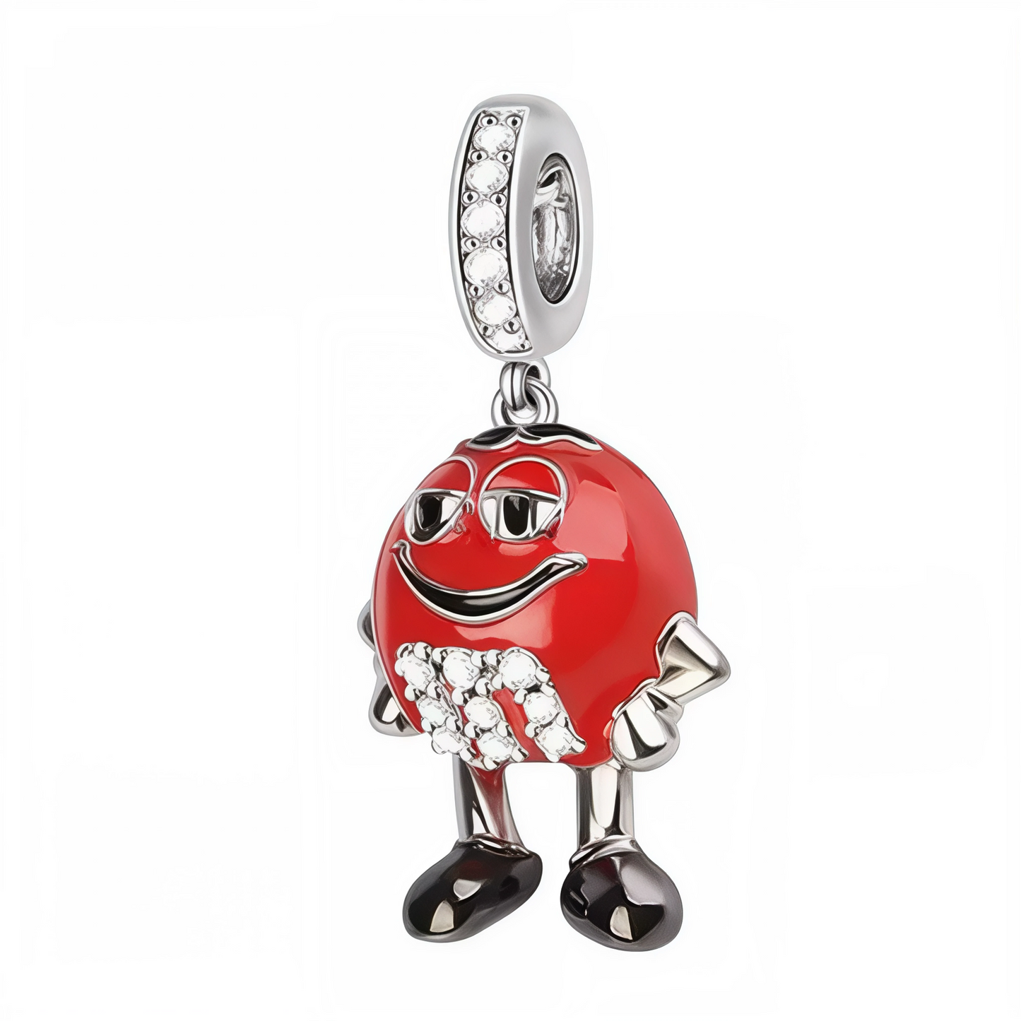 Apportez humour et couleur à votre bracelet avec ce charm en Argent 925 (S925), inspiré du célèbre bonbon M&M's rouge personnifié ! Ce bijou amusant arbore un personnage rouge souriant aux bras croisés, chaussures noires et détails en cristal blanc. La bélière pavée de cristaux blancs ajoute une touche éclatante à ce modèle pop et décalé. Idéal pour les fans de sucreries, de bijoux originaux ou de looks vitaminés.