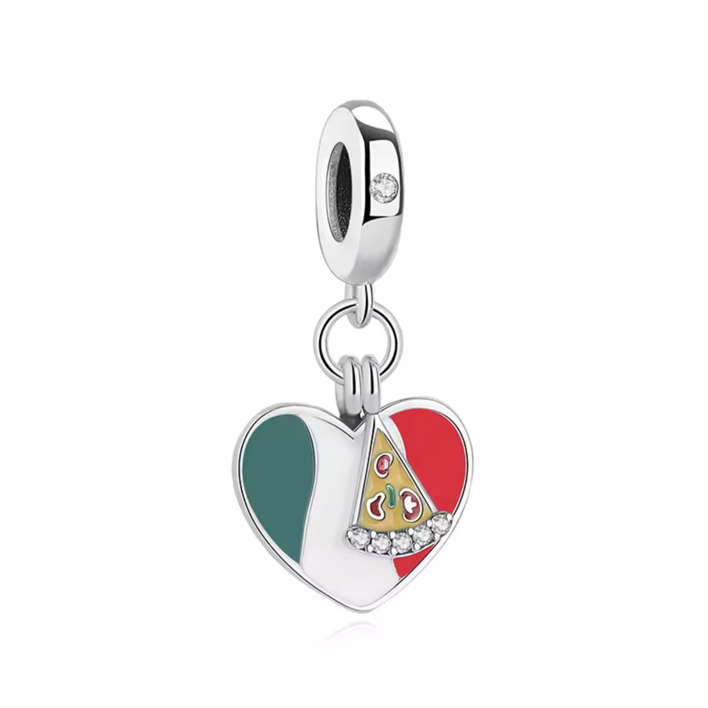 Célébrez l'amour pour l'Italie avec ce charm Cœur avec Drapeau de l'Italie et Pizza ! Fabriqué en argent S925, ce charm coloré combine l'emblématique drapeau italien et une délicieuse pizza, symboles de la culture italienne. Parfait pour les amateurs de cuisine italienne et les voyageurs, ce charm est compatible avec les bracelets Pandora, vous permettant de créer une collection unique et pleine de caractère.