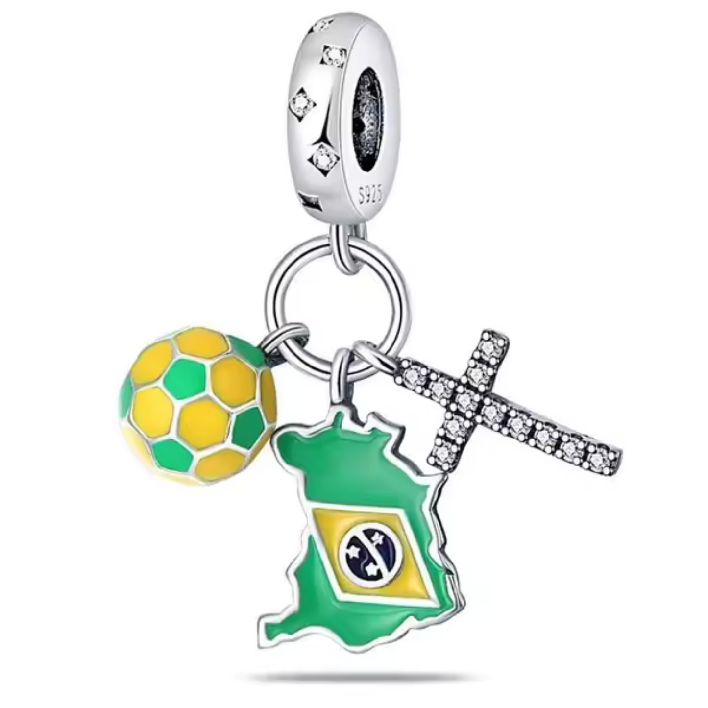 Célébrez la passion du football et la foi avec ce charm unique représentant une croix, un ballon de football et le drapeau du Brésil. Fabriqué en argent 925, ce bijou incarne l'esprit de ce pays, où la religion et le sport unissent les cœurs avec ferveur. Parfait pour les amateurs de football, les voyageurs et les passionnés de la culture brésilienne, ce charm est un symbole de dévotion, d'unité et d'énergie vibrante.