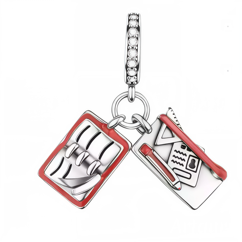 Célébrez la passion de l’apprentissage avec ce charm pendentif en argent 925, combinant un livre ouvert et une trousse garnie d’un crayon et d’une règle soigneusement détaillés. Les touches d’émail rouge apportent une note vive et dynamique à ce duo d’objets symboliques, parfait pour les étudiants et les amoureux de la rentrée scolaire. Un bijou raffiné qui incarne curiosité, organisation et esprit studieux.