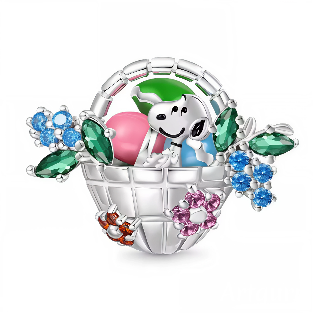 Snoopy célèbre Pâques avec tendresse dans ce charm pendentif en argent 925, le représentant portant un panier rempli d’œufs colorés. Ce bijou plein de fraîcheur et de gaieté évoque l’arrivée du printemps, les chasses aux œufs et la magie des petits plaisirs saisonniers. Une pièce joyeuse et attendrissante pour illuminer votre bracelet de charms.