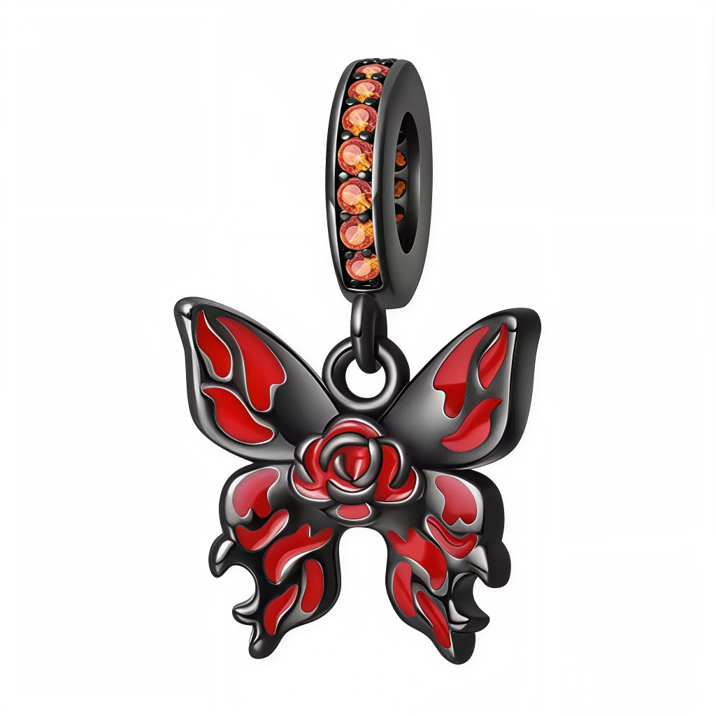Affirmez votre style avec ce charm unique alliant élégance et modernité ! Ce bijou en argent 925 plaqué noir est conçu sous la forme d’un papillon ajouré dont les ailes ornées de motifs rouges flamboyants entourent une rose stylisée en son centre. La bélière est sertie de pierres rouges étincelantes, apportant une touche précieuse à l’ensemble. Parfait pour compléter une composition de bijoux gothiques, rock ou tout simplement pour ajouter du caractère à votre bracelet.