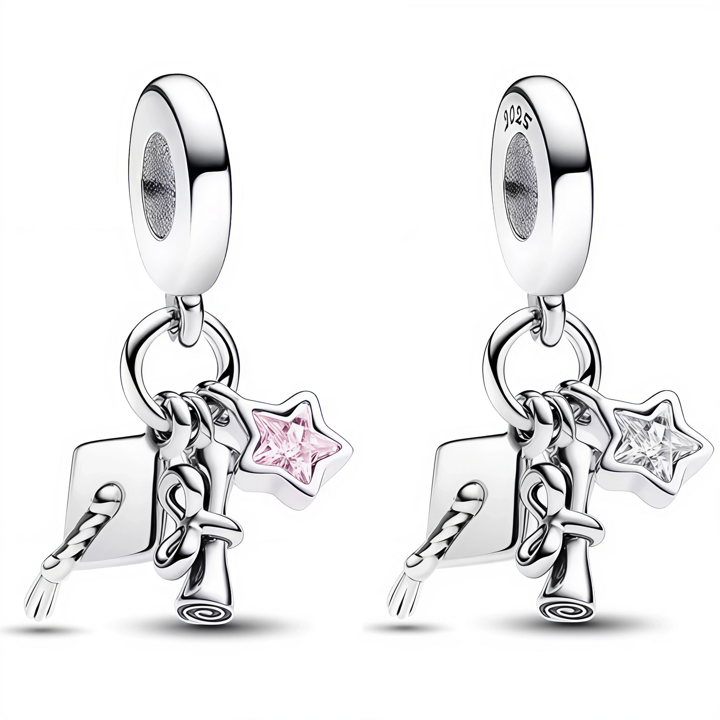 Exprimez la réussite et la sagesse avec ce charm pendentif unique composé de trois charms suspendus : un chapeau de diplômé, un hibou symbolisant la connaissance, et une petite étoile colorée. Disponible en deux versions, avec étoile rose ou blanche, ce bijou en argent 925 célèbre un parcours accompli avec élégance et délicatesse.