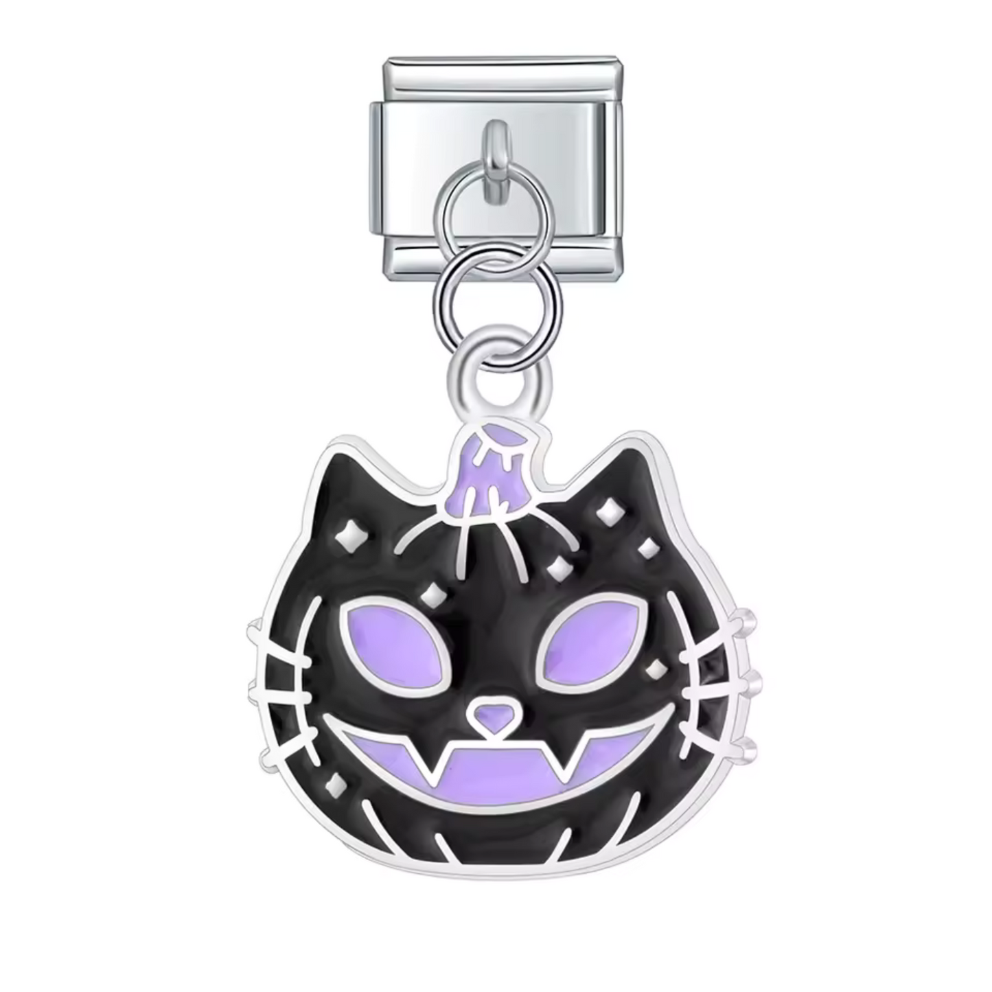 Charm Italien Pendentif Argenté – Chat Citrouille Noir et Violet