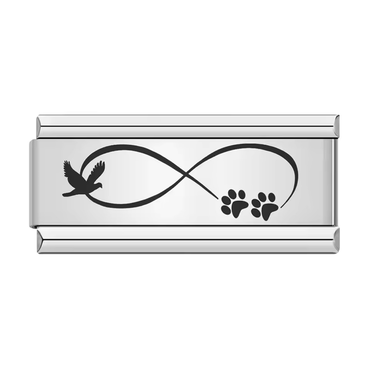 Long Silver Italian Charm – Infinity Sign with Dove and Paw Prints