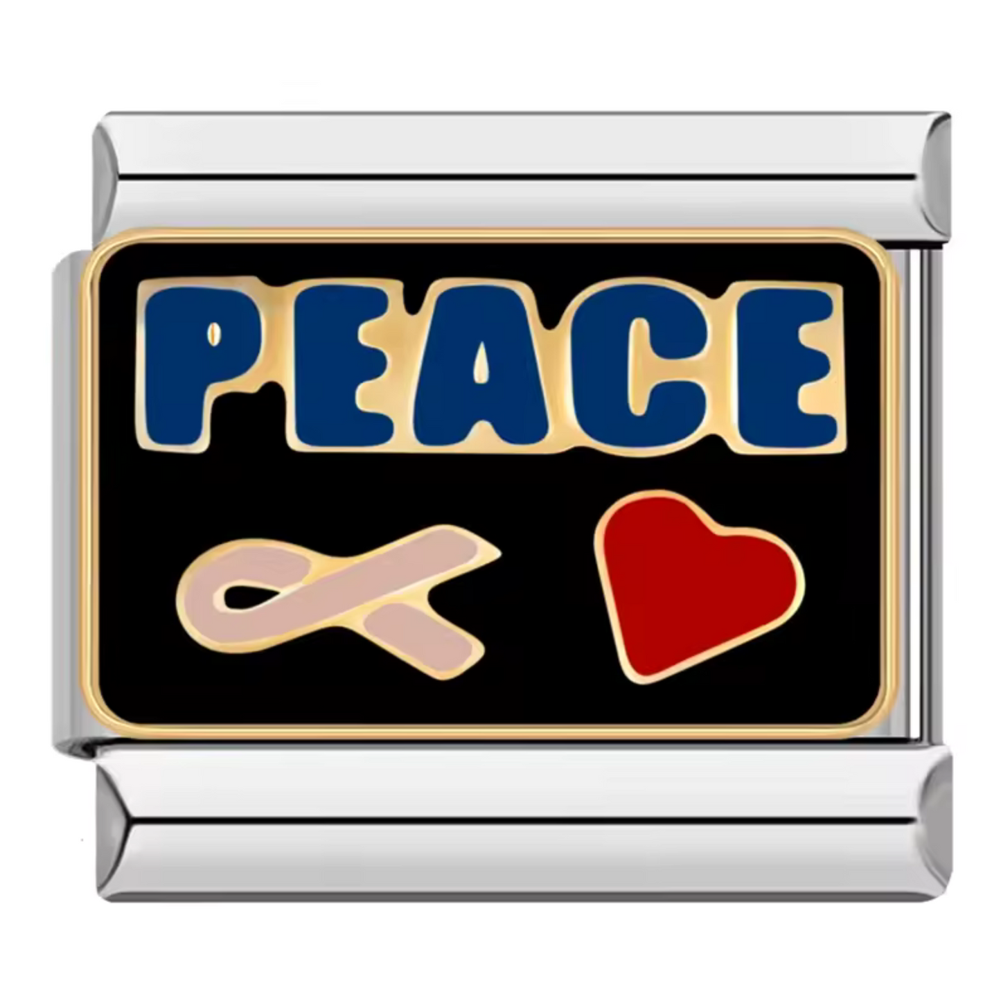 Silver or Gold Italian Charm – "Peace", Ribbon and Heart