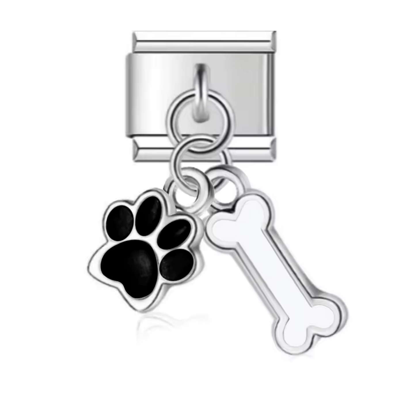 Italian Charm - Silver Bone and Dog Paw Pendant (Red, Black, Blue or Pink)