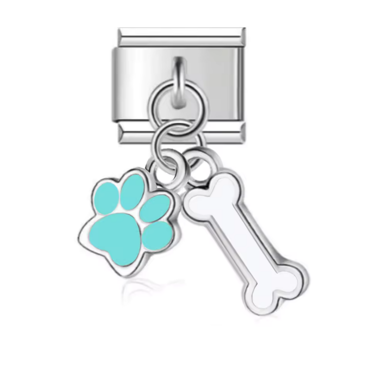 Italian Charm - Silver Bone and Dog Paw Pendant (Red, Black, Blue or Pink)