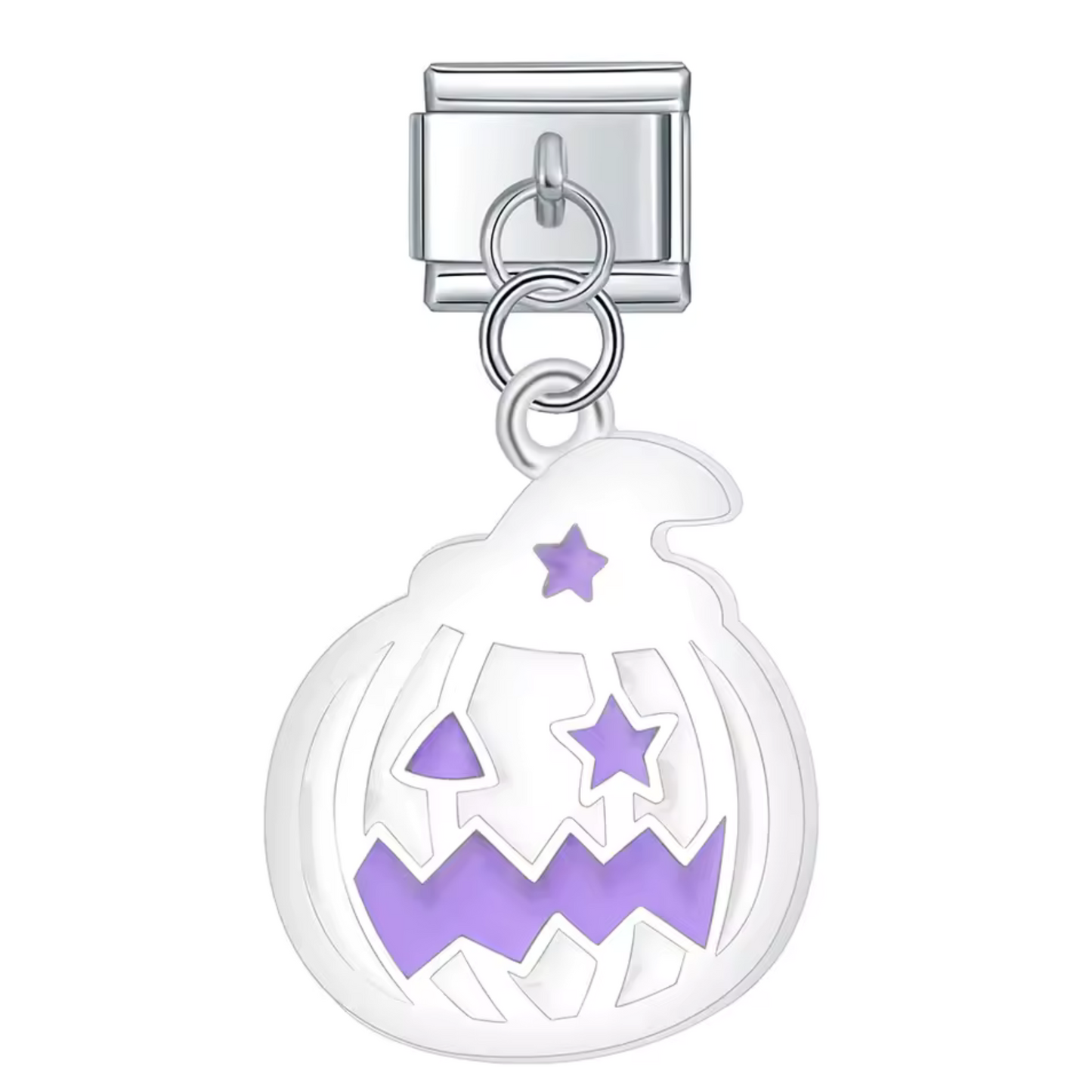Charm-Anhänger aus italienischem Silber – Kürbis mit weißem und violettem Hexenhut