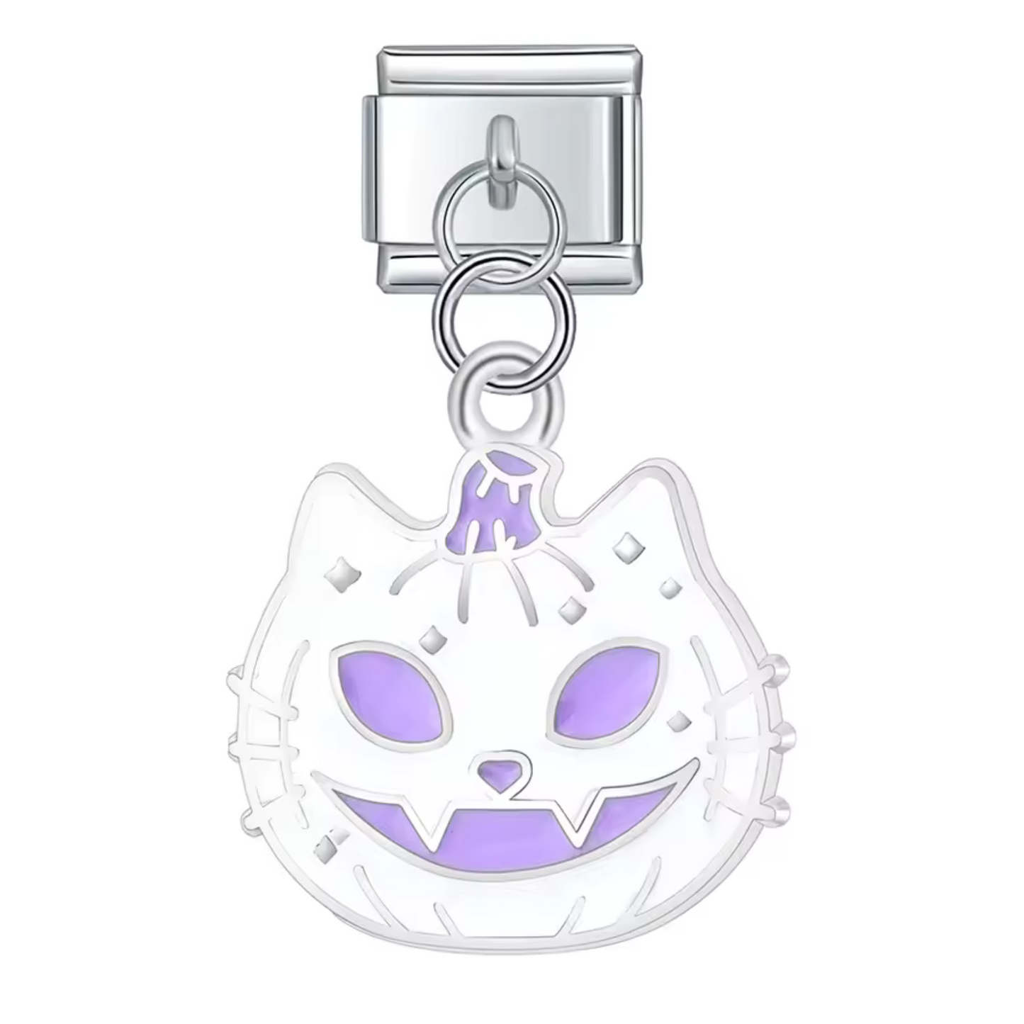 Italienischer Charm-Anhänger Silber – Weiße und Lila Kürbiskatze