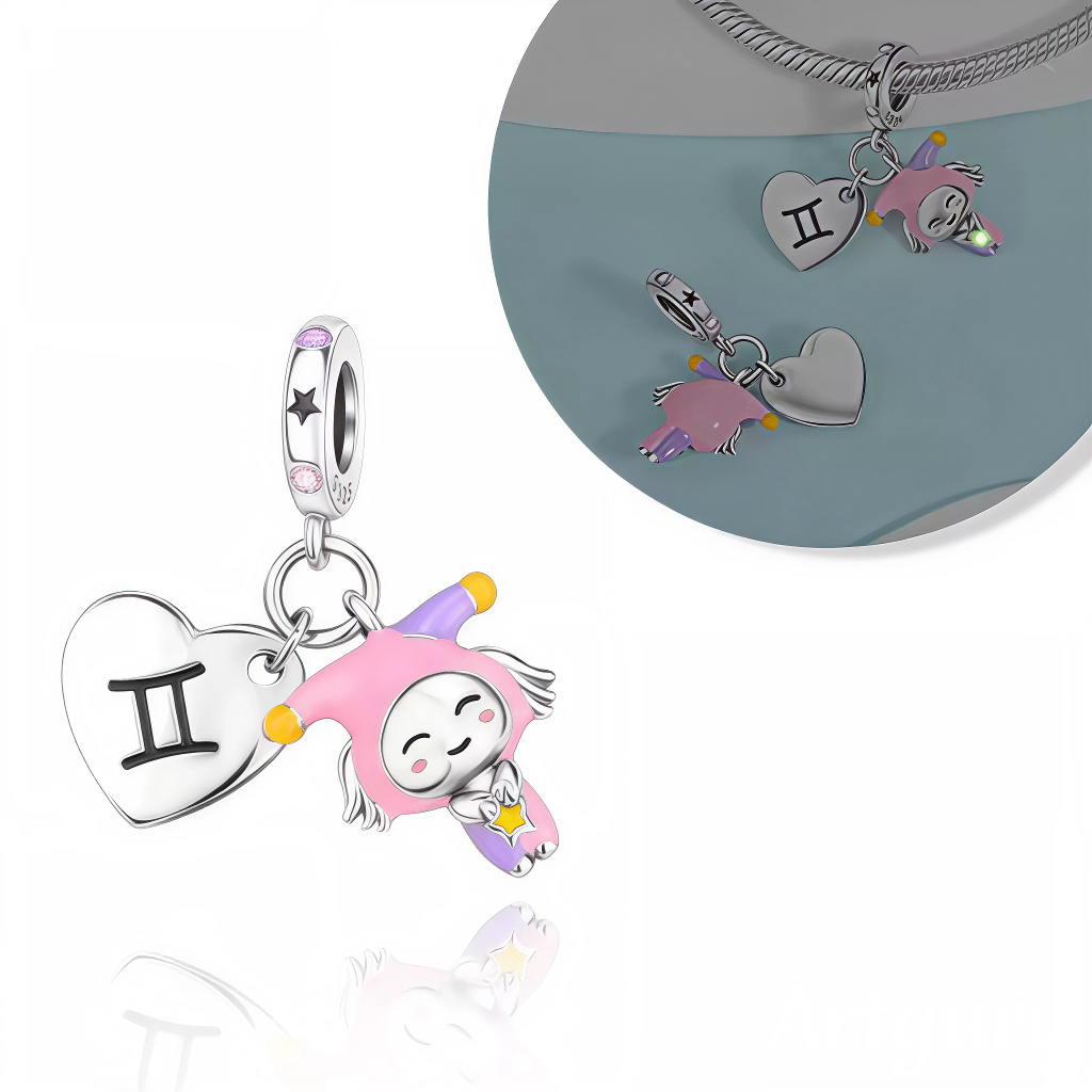 Charm Pendant - Heart with Gemini Symbol and Glow in the Dark Character