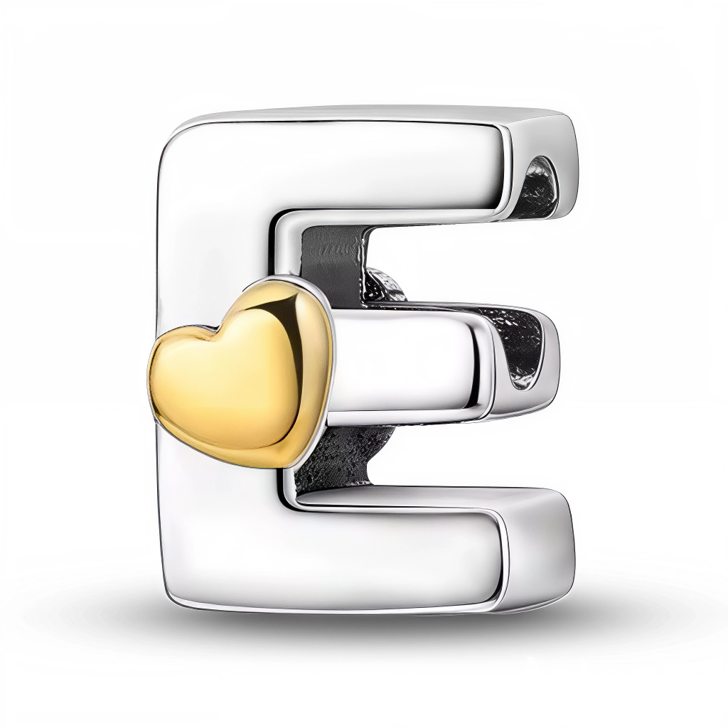 Charm - Letter "E" Silver with Small Gold Heart