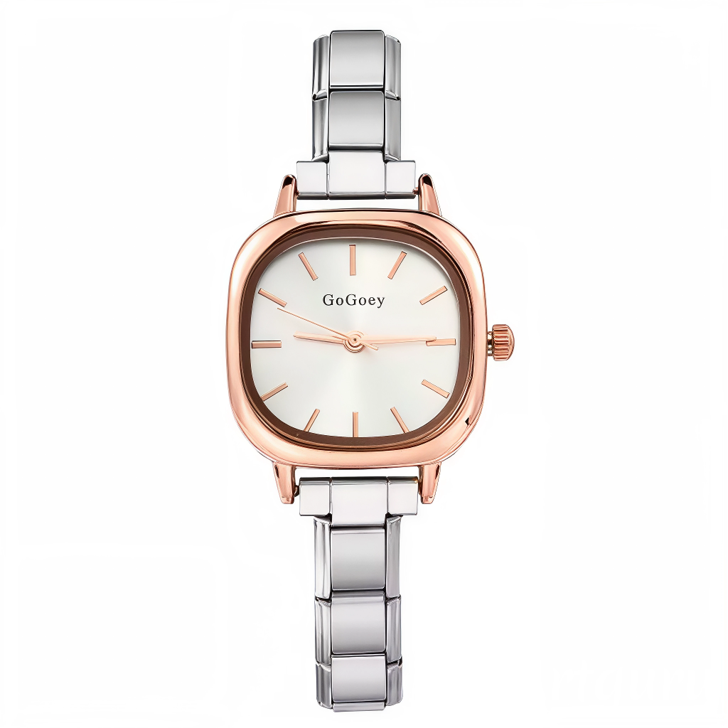 Cette montre femme carrée en acier inoxydable cuivré séduit par son design original et chaleureux. Son cadran cuivré uni de 25 mm met en valeur sa finition soignée, tandis que le bracelet est compatible avec tous les charms italiens de notre catalogue pour une personnalisation unique.