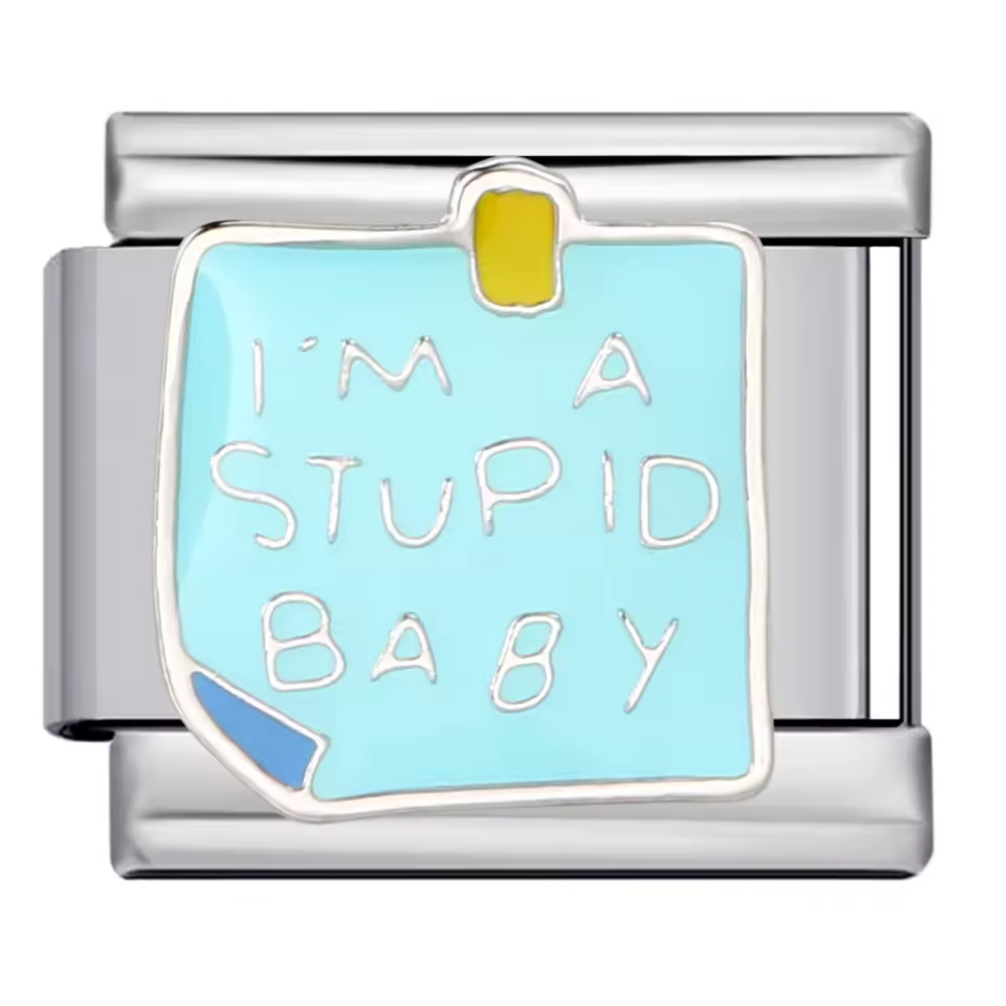 Silver Italian Charm – Blue Post-it "I'm a stupid baby"