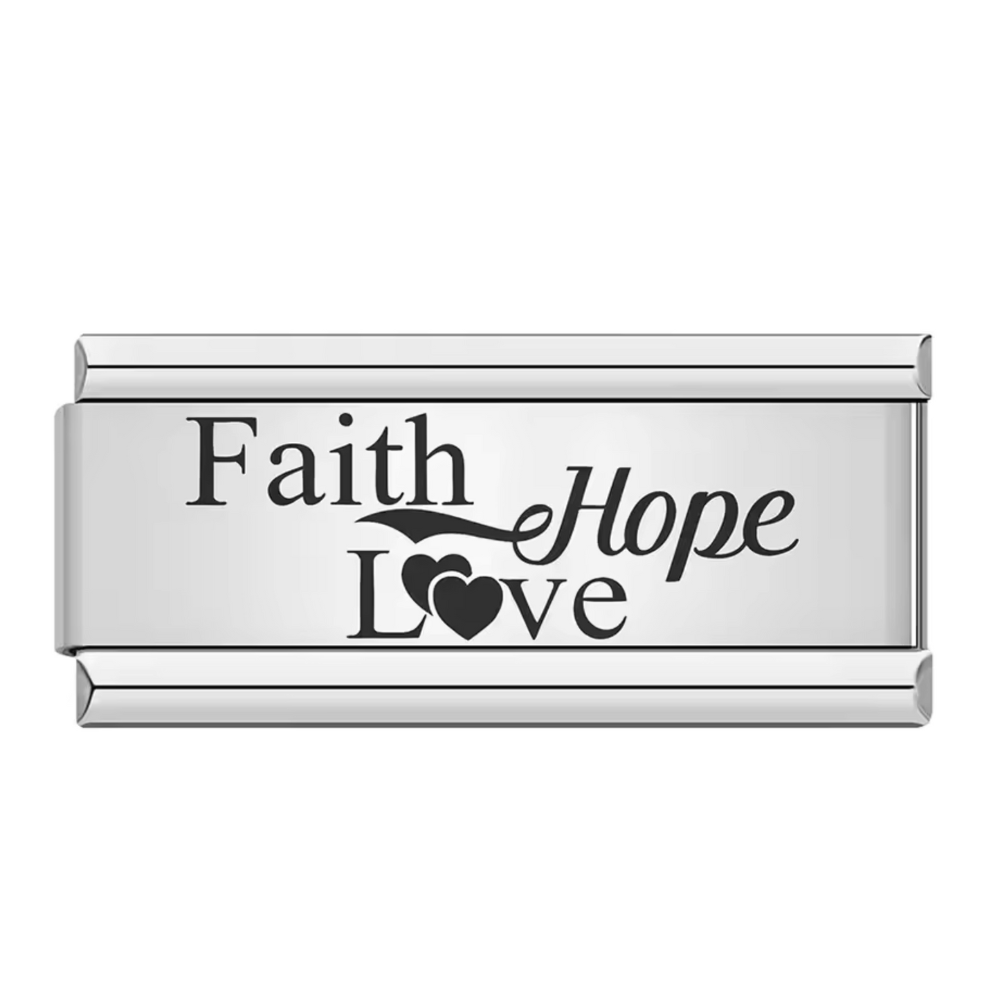 Langer silberner italienischer Charm – „Glaube, Hoffnung, Liebe“