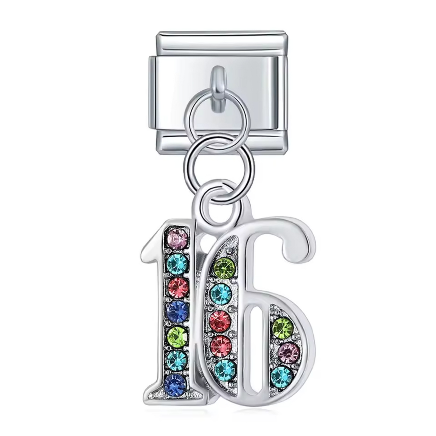 Silver Italian Charm Pendant – Number 16 with Multicolored Rhinestones
