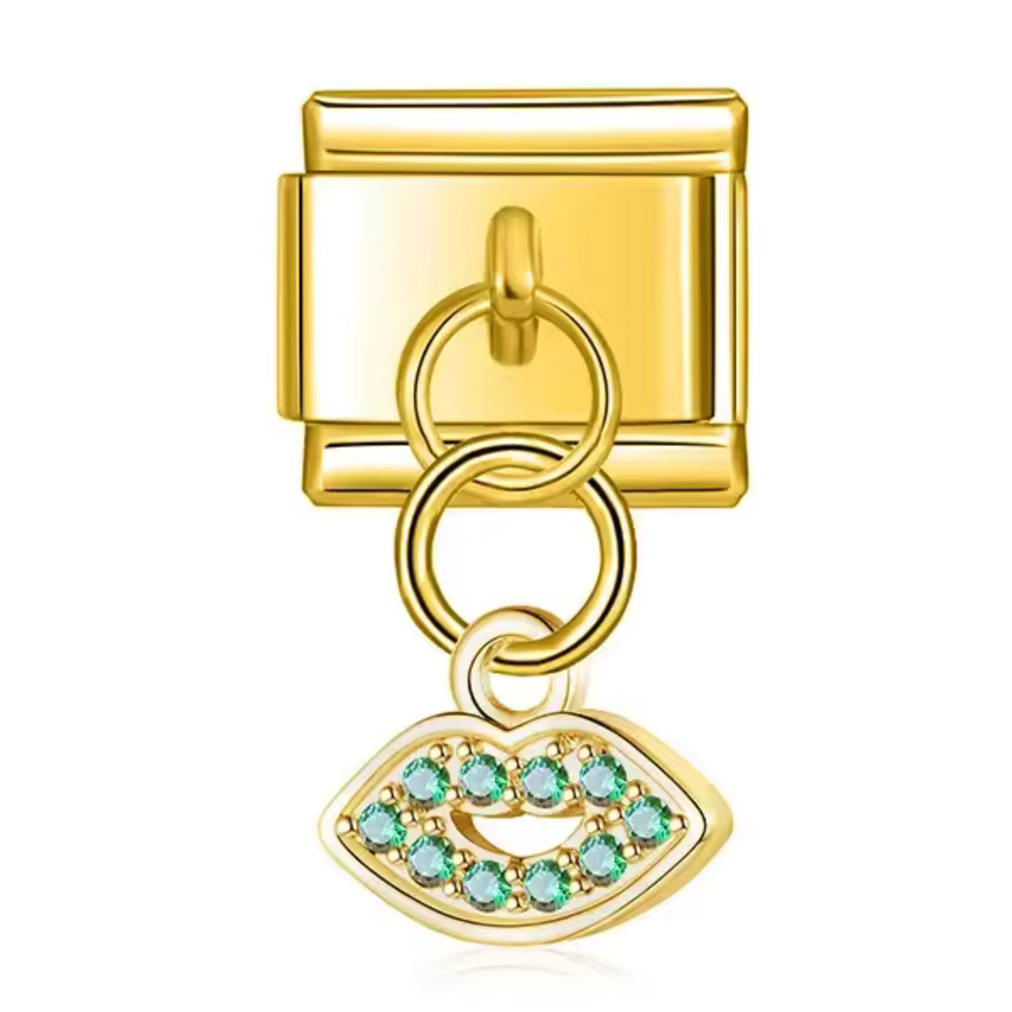 Italian Charm Pendant in Silver, Gold or Rose Gold – Mouth with Green Rhinestones