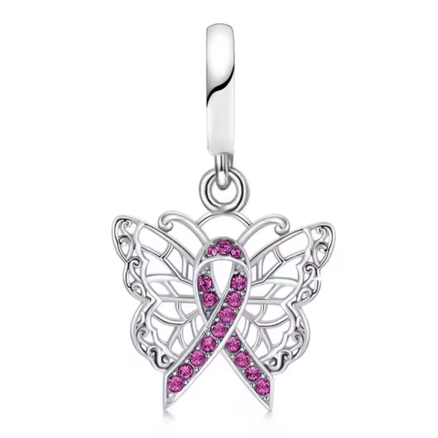 Charm Ruban Rose avec Ailes de Papillon | Octobre Rose