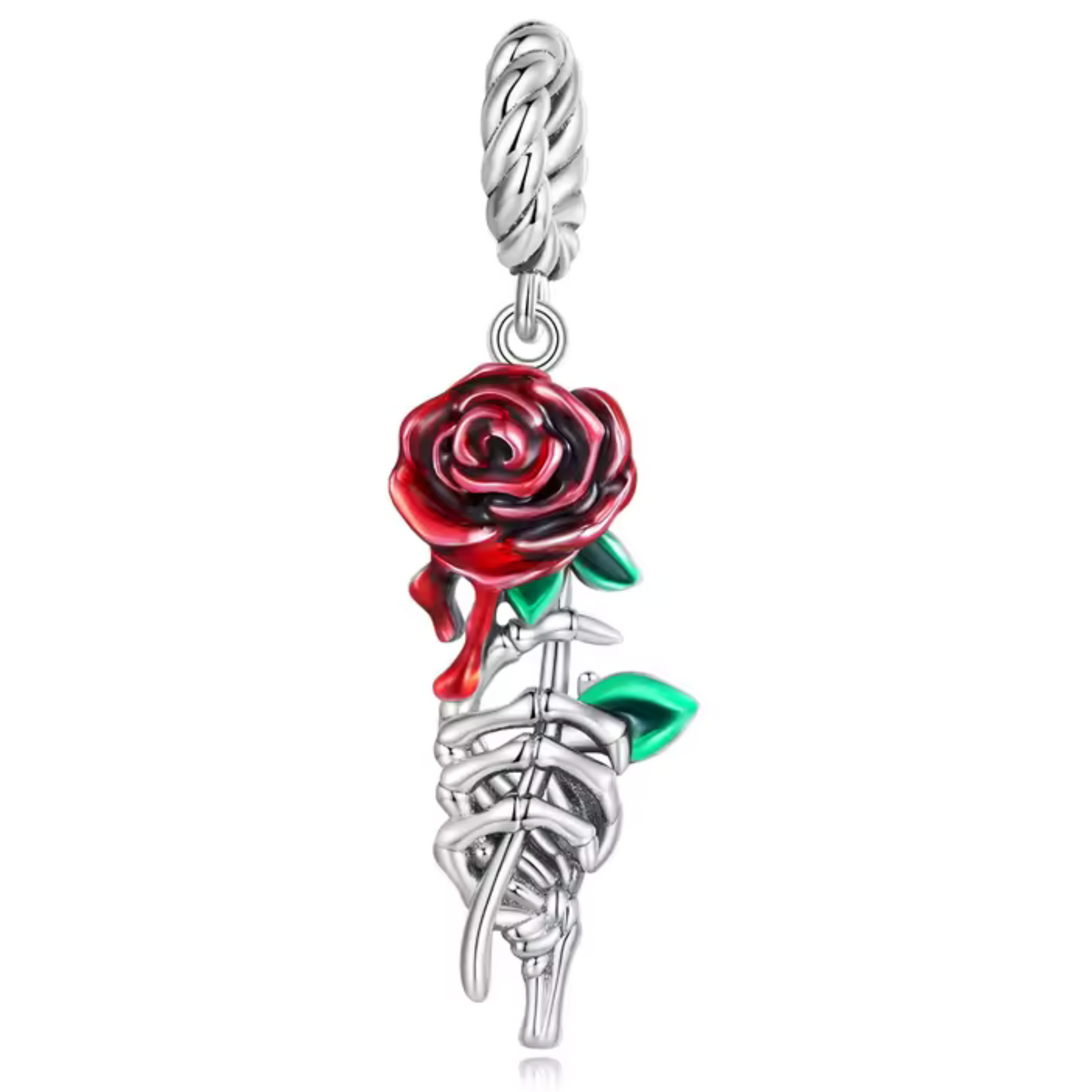 Charm-Anhänger – Skeletthand fängt eine rote Rose