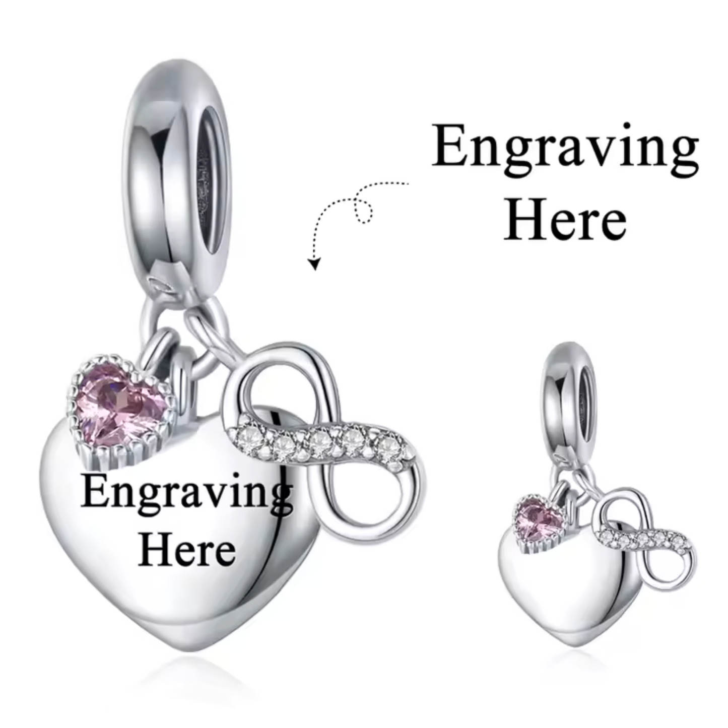 Personalisierter Herz-Charm mit Gravur – Rosa Herz und Unendlichkeitssymbol