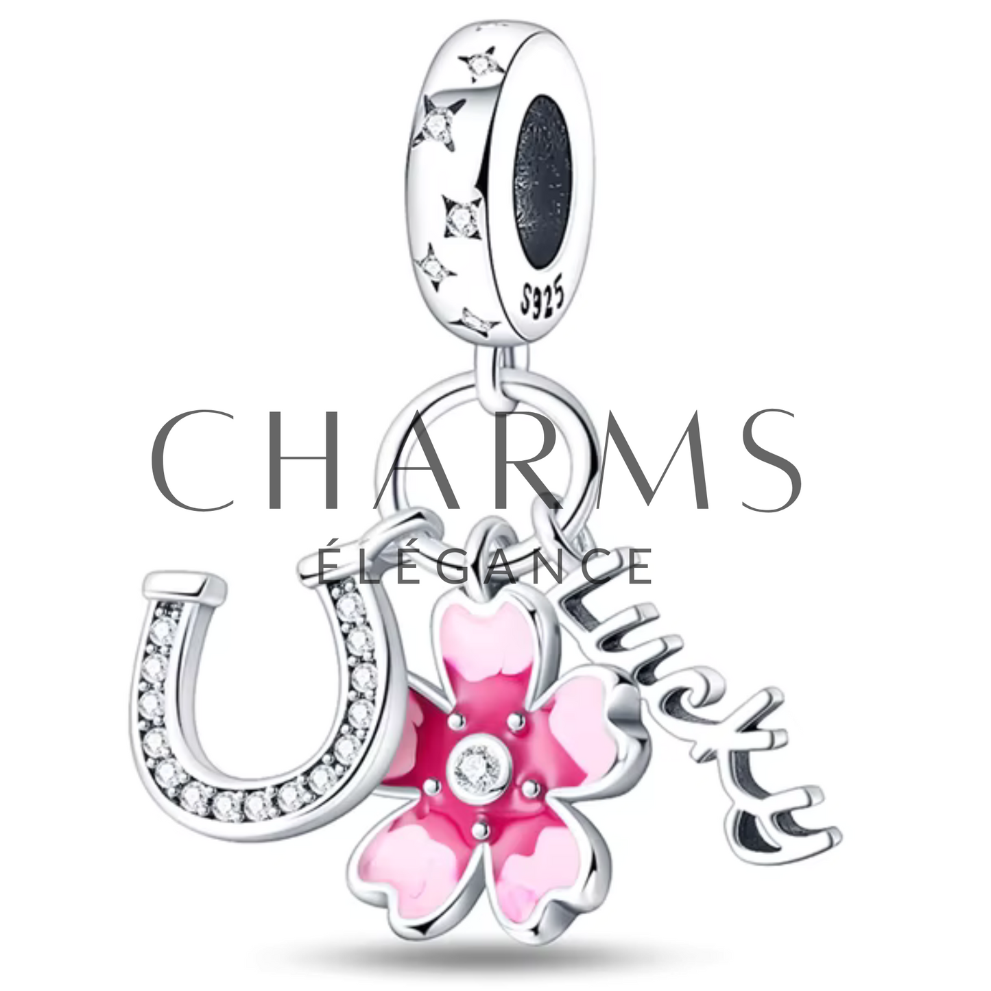 Charm fleur Fer à Cheval et Inscription "Lucky" - Charms Élégance