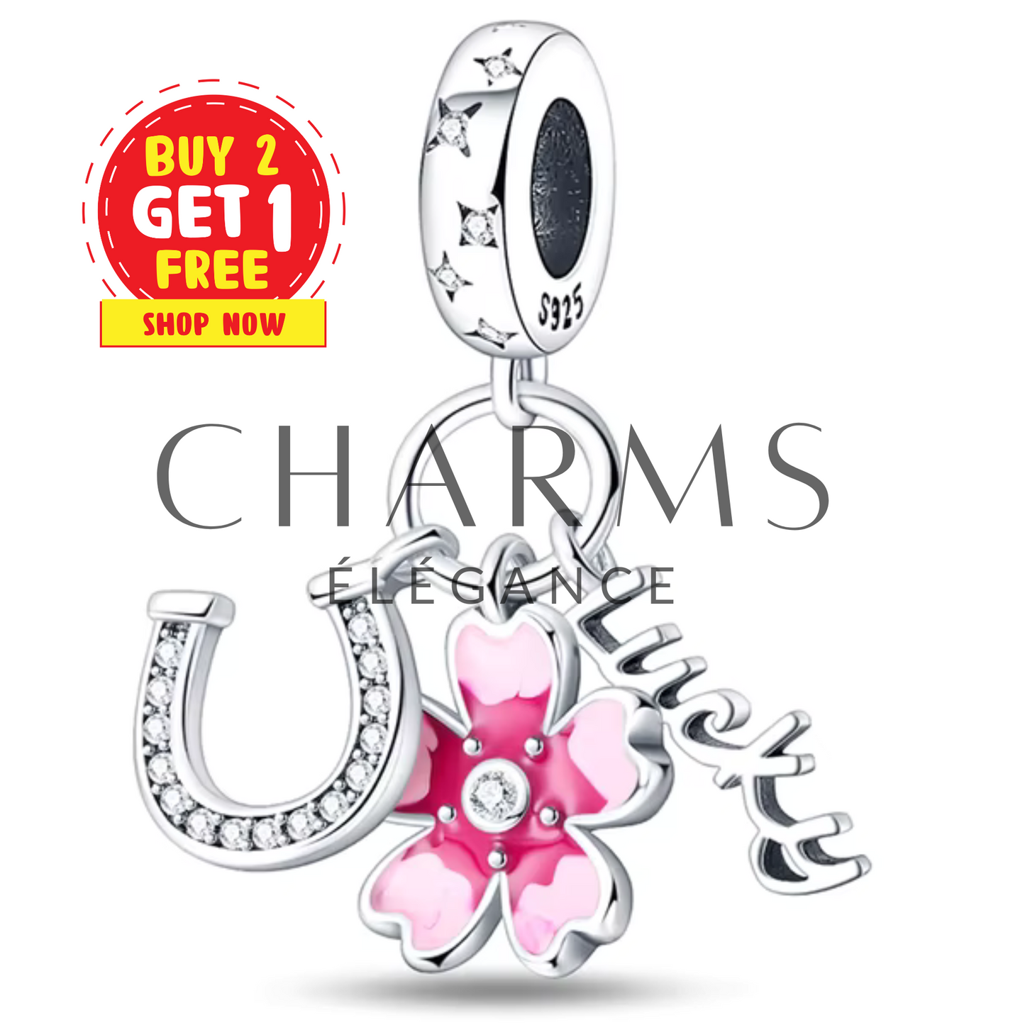 Charm fleur Fer à Cheval et Inscription "Lucky" - Charms Élégance