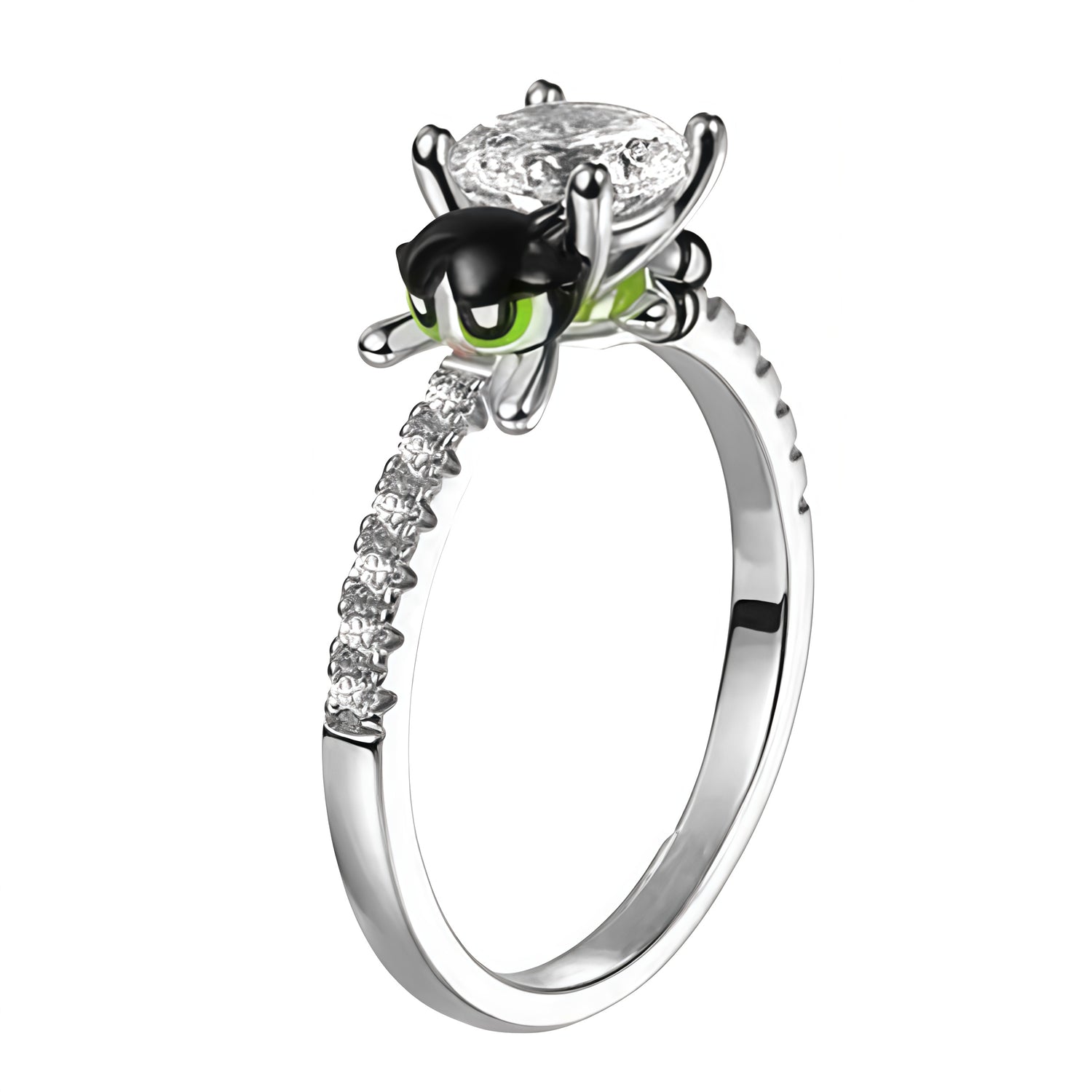 Apporte une touche audacieuse et pleine de caractère à ton style avec cette bague inspirée de Rebelle, la plus forte et la plus déterminée des Super Nanas. Son design dynamique, dans l’esprit du personnage vert emblématique, évoque la puissance, l’énergie et l’attitude “garçon manqué” de cette héroïne culte. Un bijou fun et affirmé, parfait pour les fans de Rebelle et de l’univers pop des années 2000.

Caractéristiques :

-&nbsp;Matière : Argent 925.
-&nbsp;Design : Bague Rebelle des Super Nanas avec détail